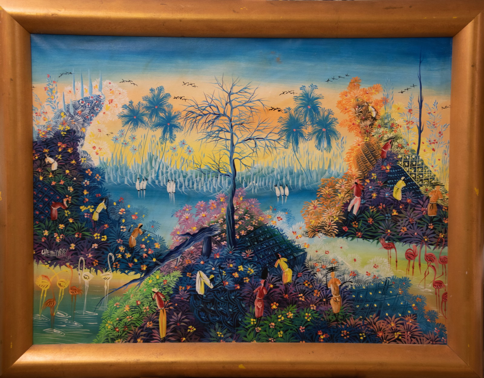 Tropical Landscape Original Haitian Painting by Chenet Pepe: Tropical Landscape Original Haitian Painting by Chenet Pepe Oil on Canvas
