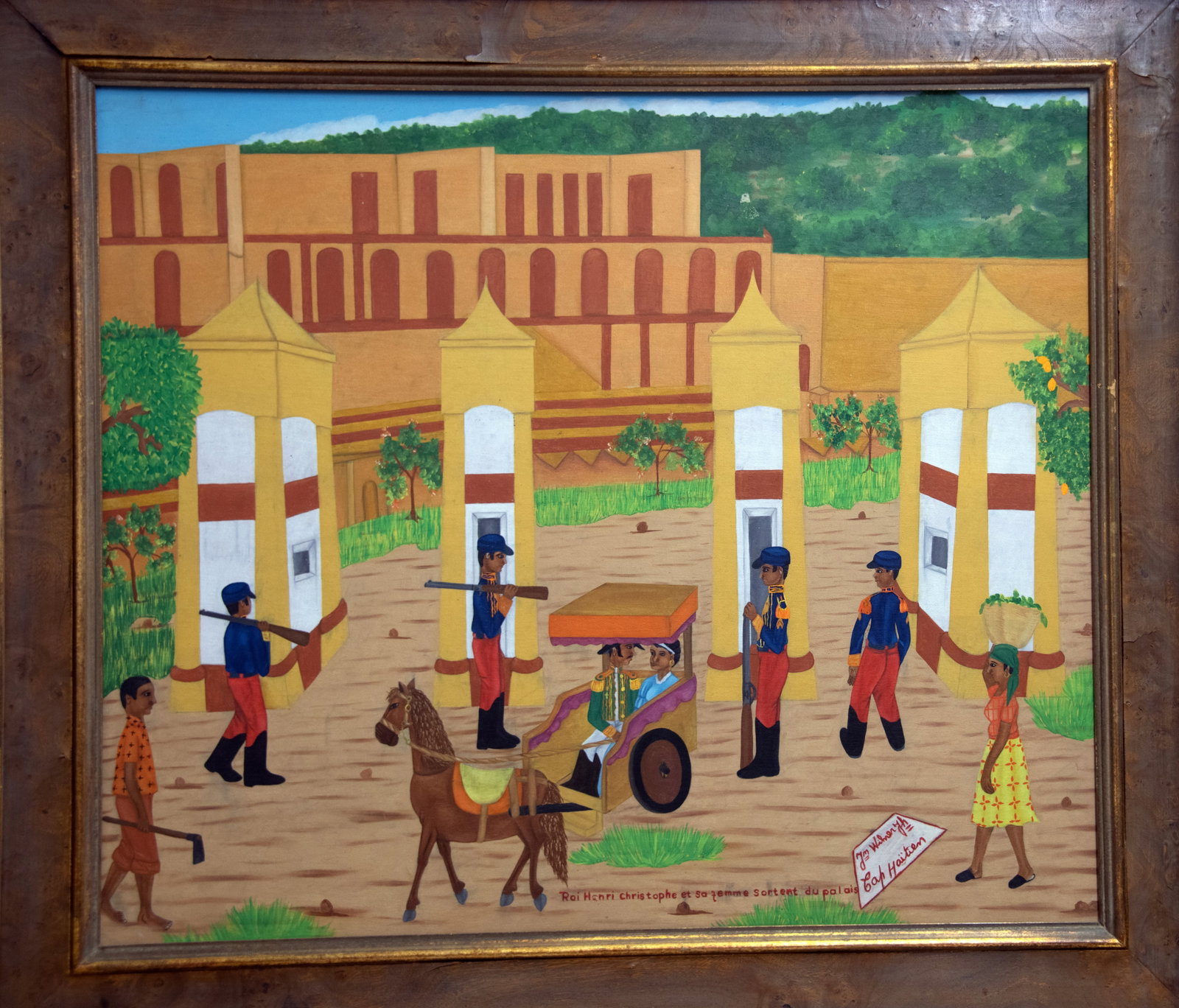 Original Haitian Painting by Jean Wilner Jr.: Original Haitian Painting by Jean Wilner Jr. King Henri and Wife Leaving the Palace Oil on Masonite Framed
