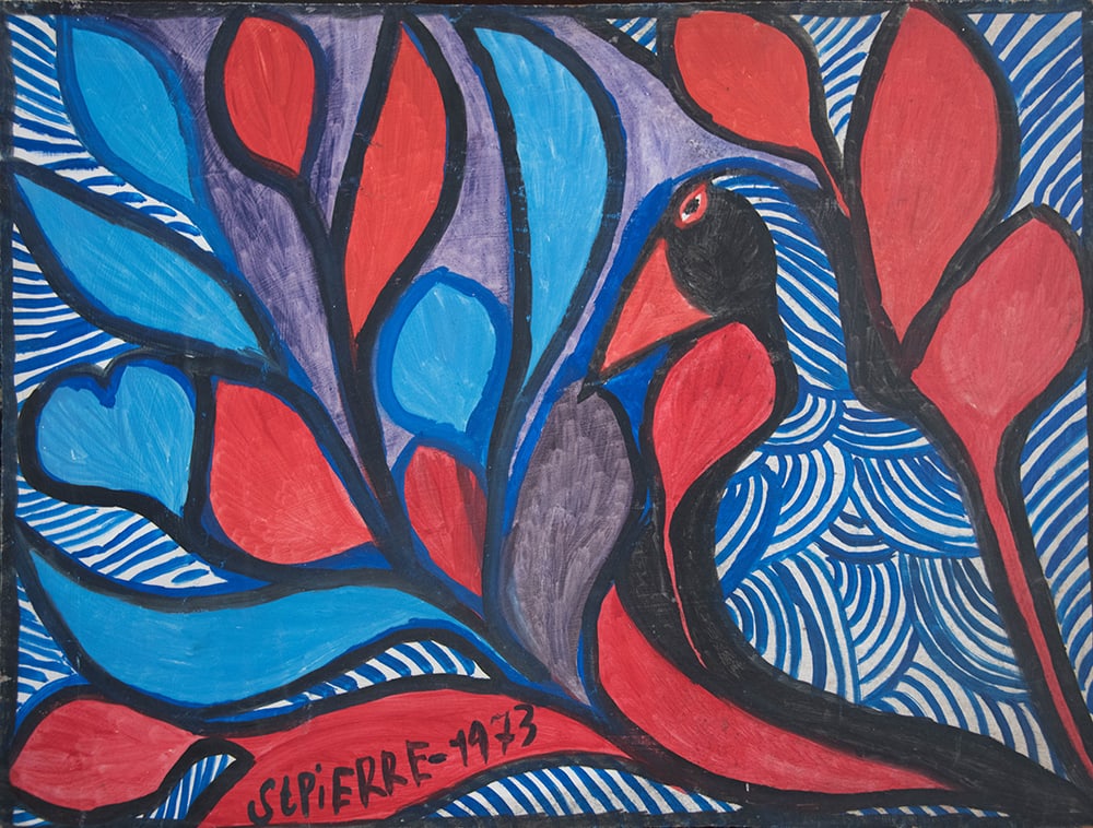 Original Haitian Painting by St.Pierre Toussaint Blue Bird with Red Leaves on a Blue Background (1 of 1)
