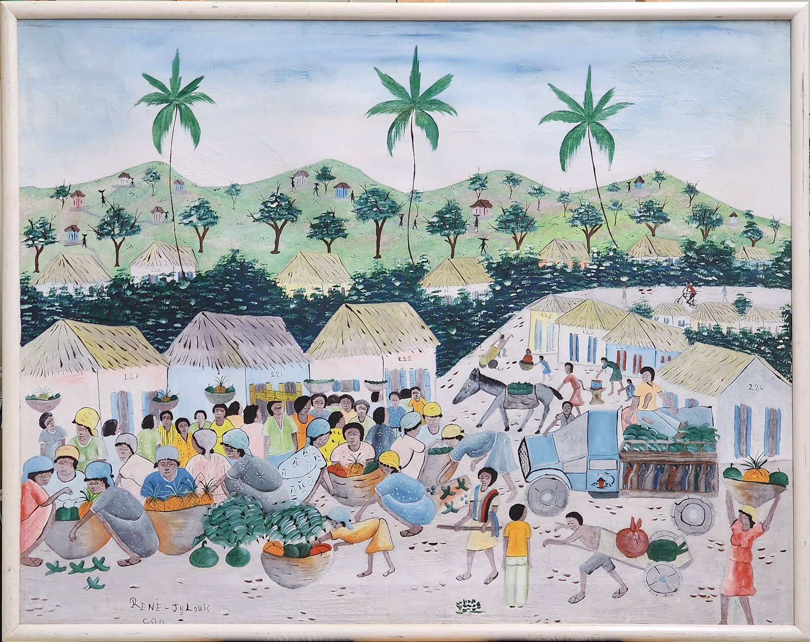 Village Market Scene Original Haitian Painting by Rene Jn.Louis: Village Market Scene Original Haitian Painting by Rene Jn.Louis Oil on Canvas Framed