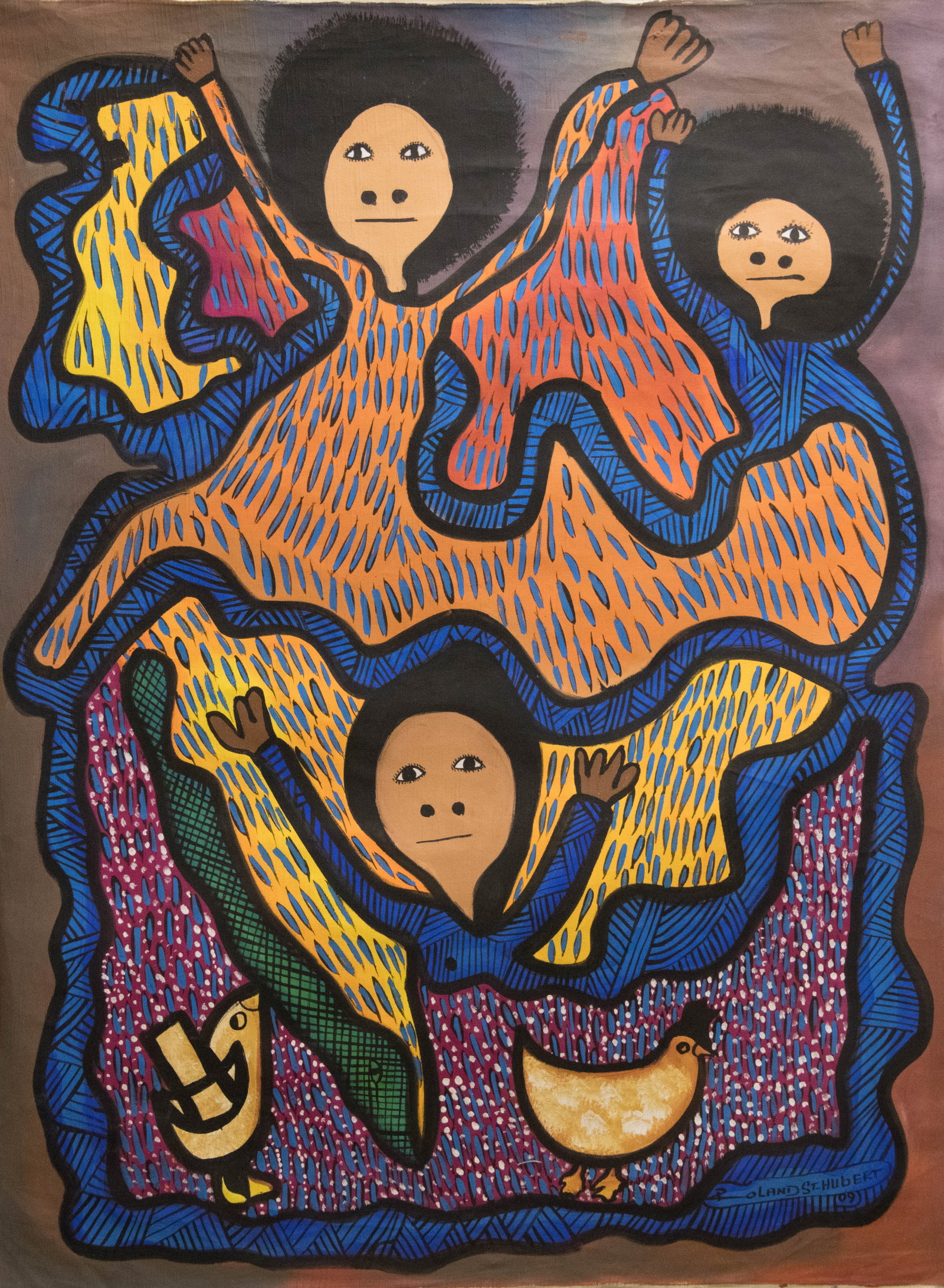 Orignial Haitian Painting by Roland Saint Hubert Three People with Birds (1 of 1)