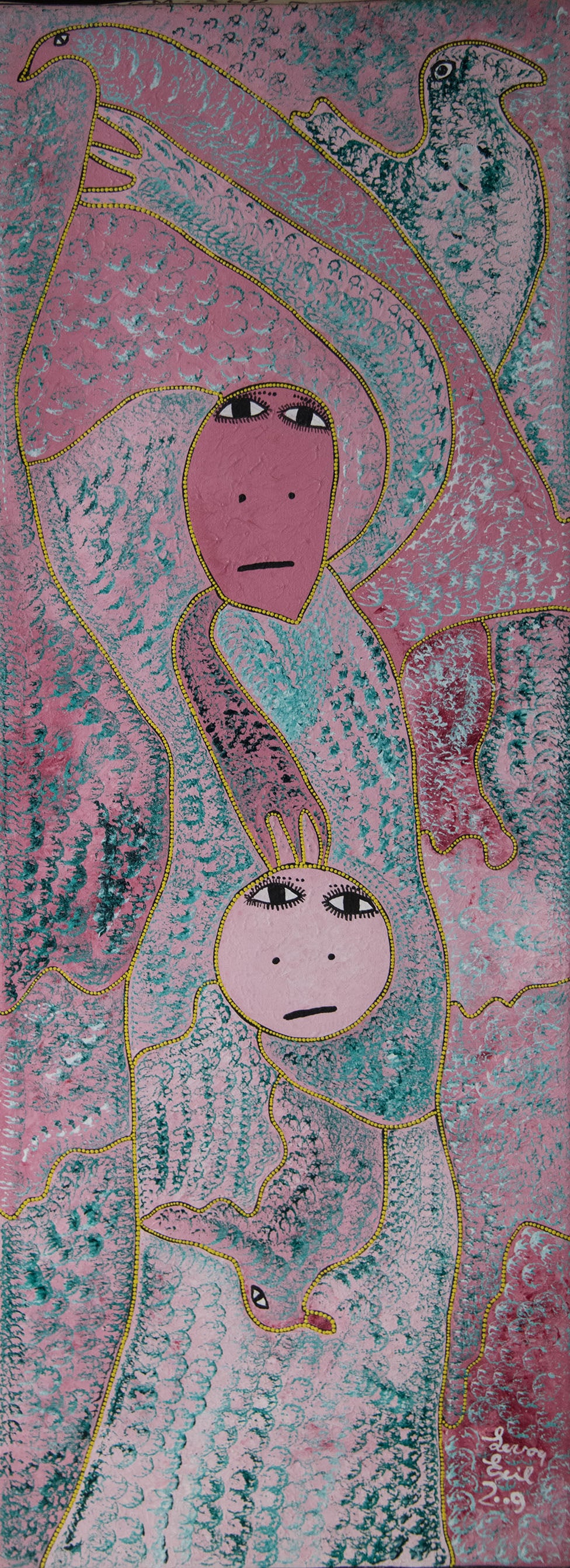 Levoy Exil Original Haitian Painting-Birds and Faces (1 of 1)