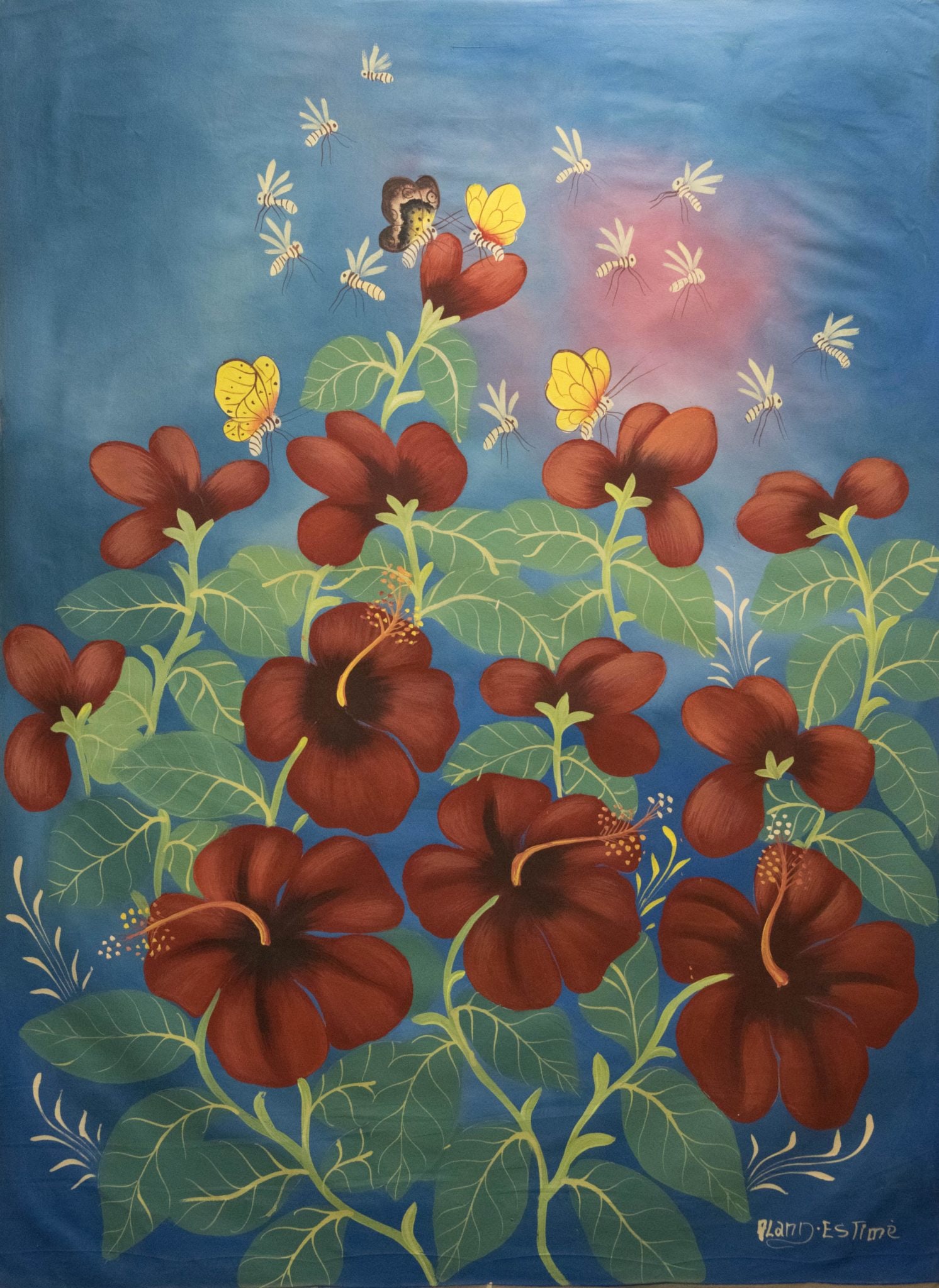 Orignial Haitian Painting by Aland Estime Red Hibiscus Flowers (1 of 1)