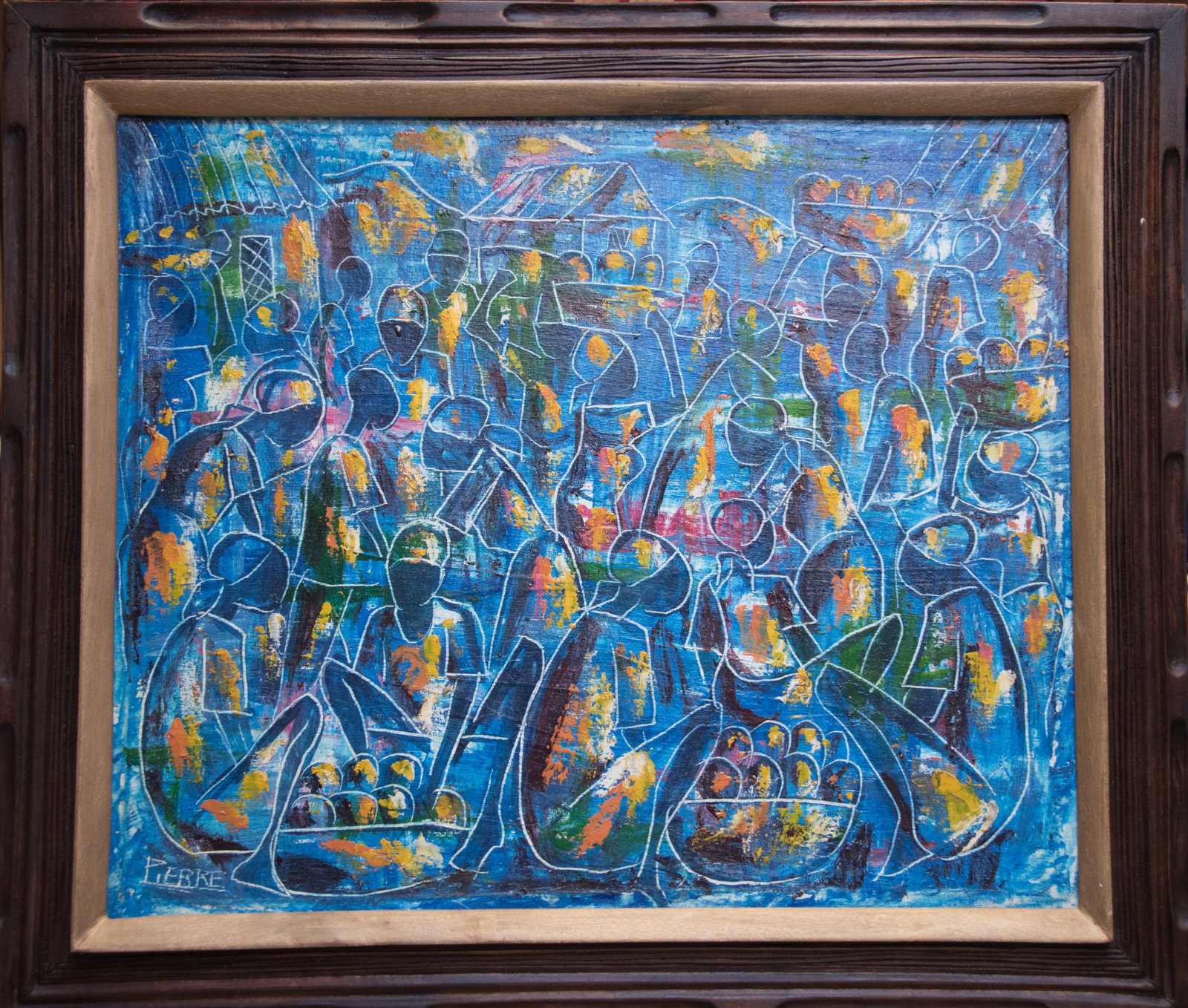 Haitian Modernist Market Scene Original Haitian Painting by Pierre: Haitian Modernist Market Scene Original Haitian Painting by Pierre Oil on Canvas FRAMED