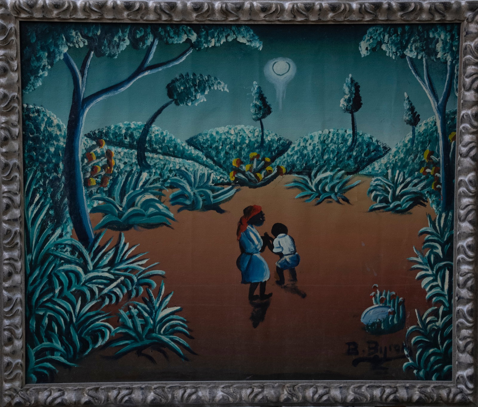 Woman and Child in Moonlight Original Haitian Painting by Bourmond Byron (1 of 1)