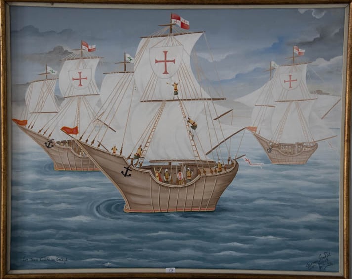 Original Haitian Painting by Bermy Dorvil: The Three Caravels of Columbus Original Haitian Painting by Bermy Dorvil Acrylic on Canvas FRAMED GMS FAVORITE