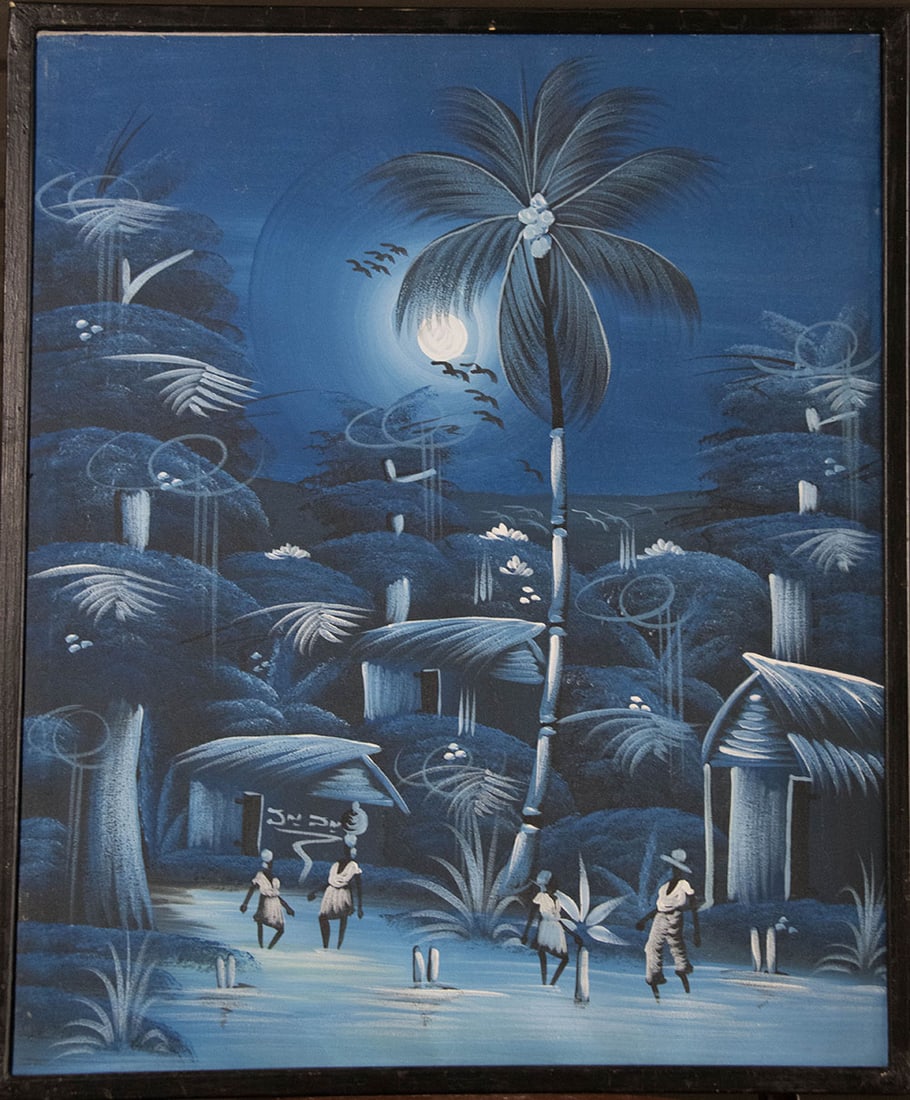 Palm Tree In The Moonlight Original Haitian Painting by Jn.Jn.: Palm Tree In The Moonlight Original Haitian Painting by Jn.Jn. Oil on Canvas Framed
