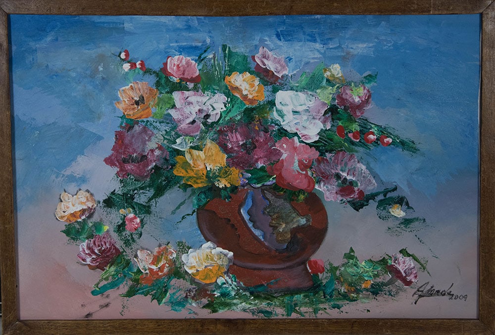Brown Vase with Fallen Flowers Original Haitian Painting by Karole Andre (1 of 1)