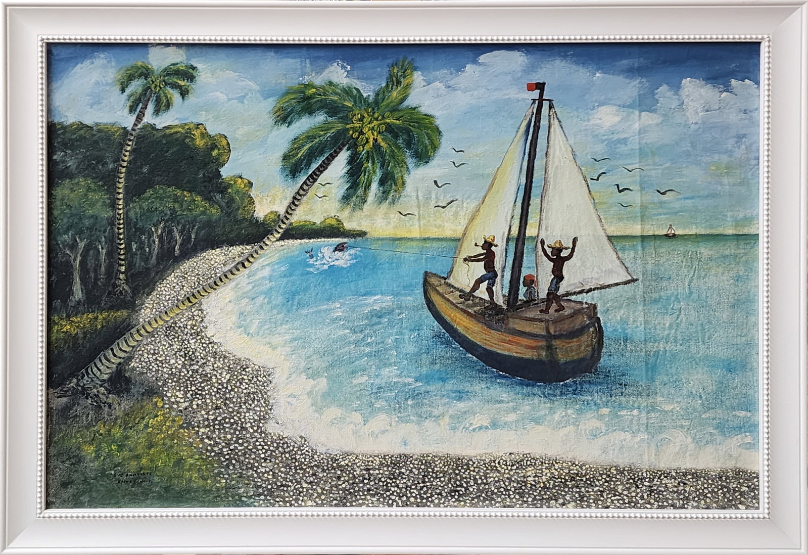Fisherman on Sailboat Original Haitian Painting by Edger Jean-Baptiste: Fisherman on Sailboat Original Haitian Painting by Edger Jean-Baptiste Oil on Canvas Madeleine & John De Francillon Madeleine & John De Francillon