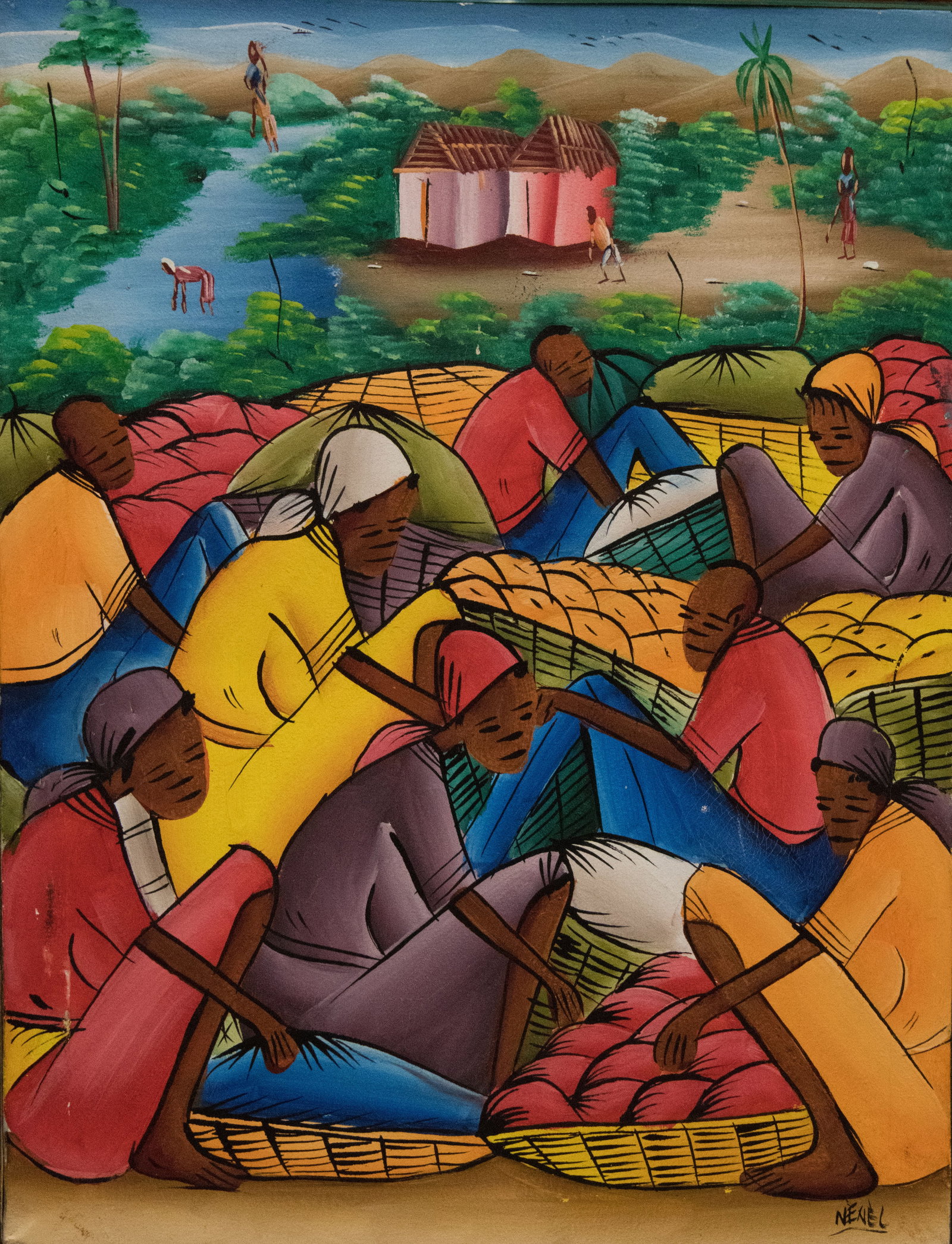 Market and Village Scene (NL) Original Haitian Painting by Nenel: Market and Village Scene (NL) Original Haitian Painting by Nenel Acrylic on canvas