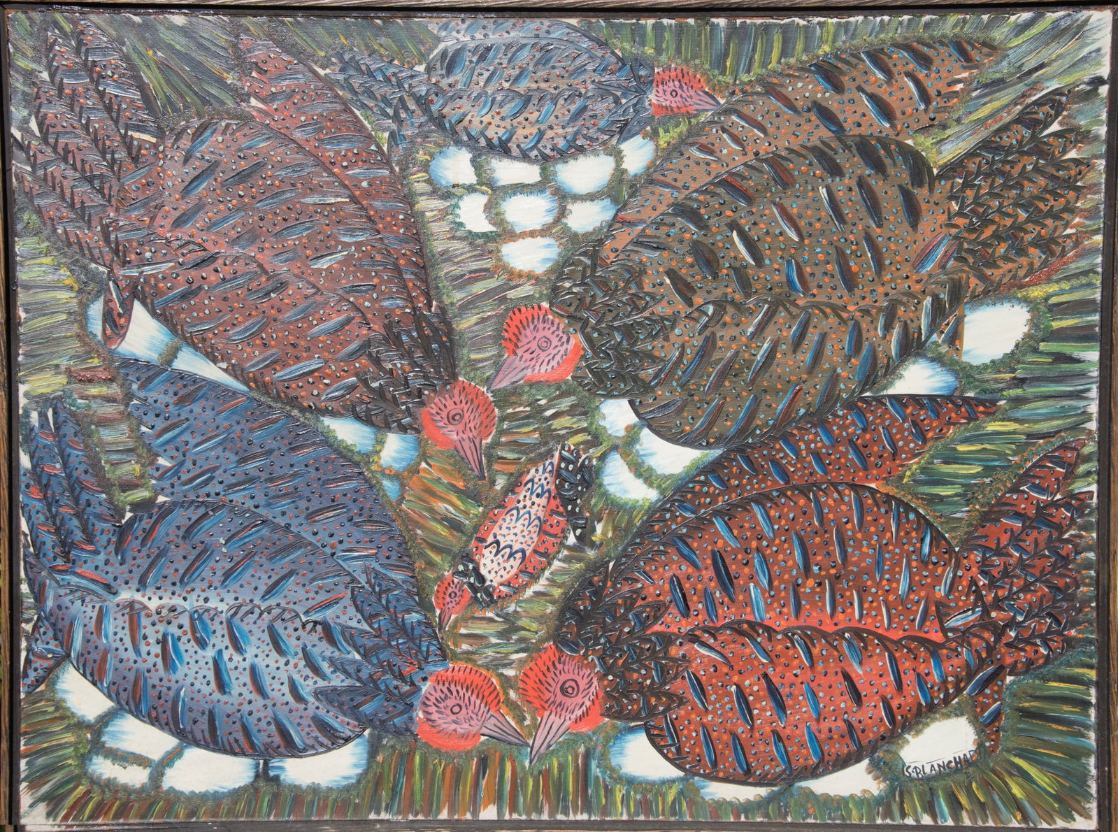 Original Haitian Painting -Six Abstracted Chickens by Sisson Blanchard: Original Haitian Painting -Six Abstracted Chickens by Sisson Blanchard-Framed, Oil on Board FRAMED