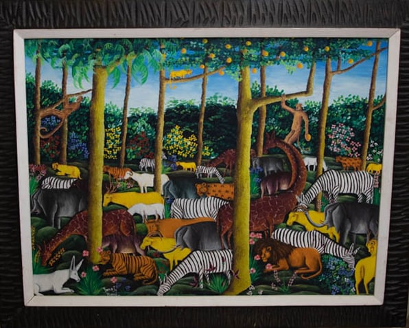 Haitian Landscape with Jungle Animals Original Haitian Painting by Jean-Pierre Yvon (1 of 1)