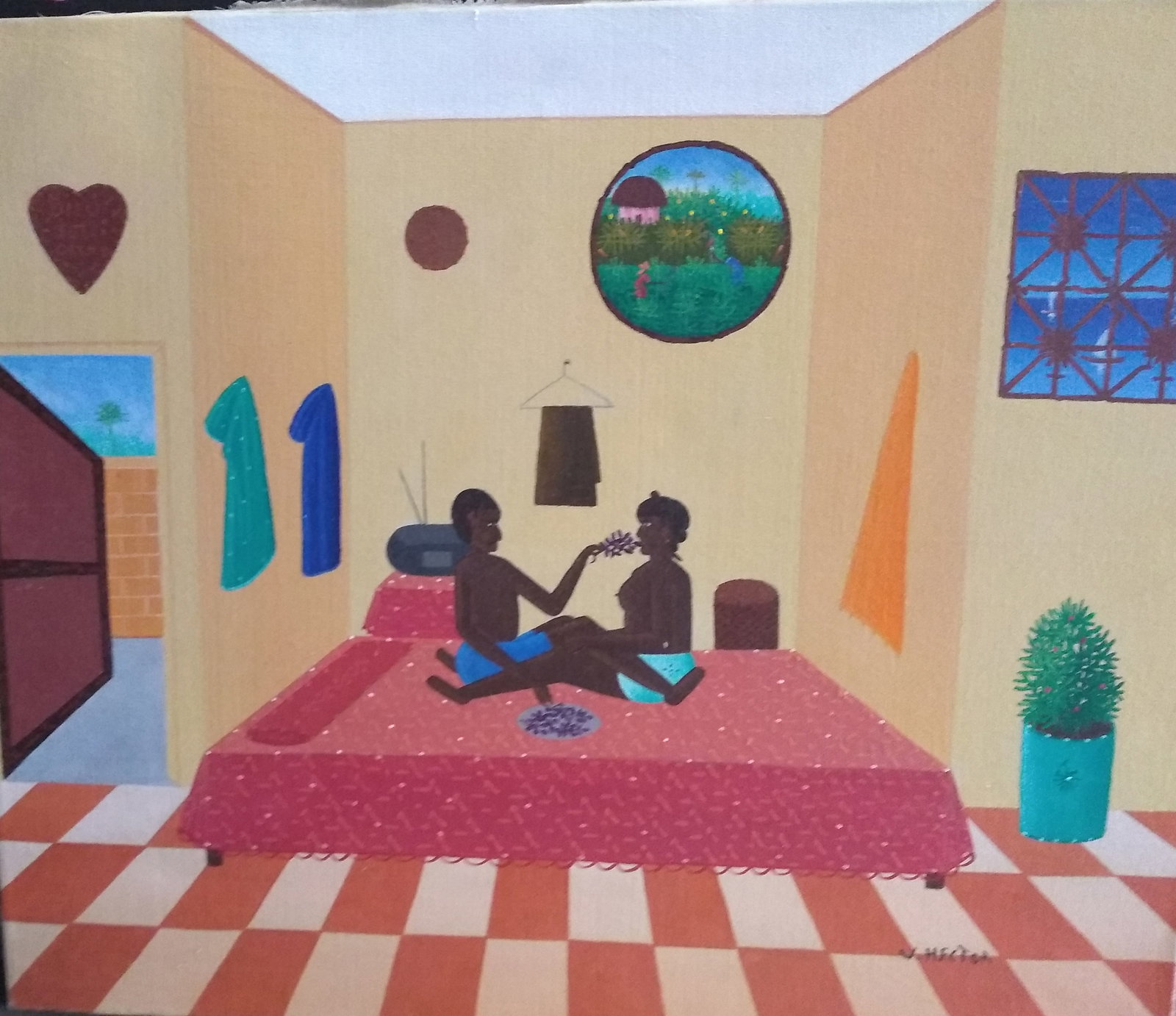 Haitian Couple on the Bed Original Haitian Painting by Voltaire Hector (1 of 1)
