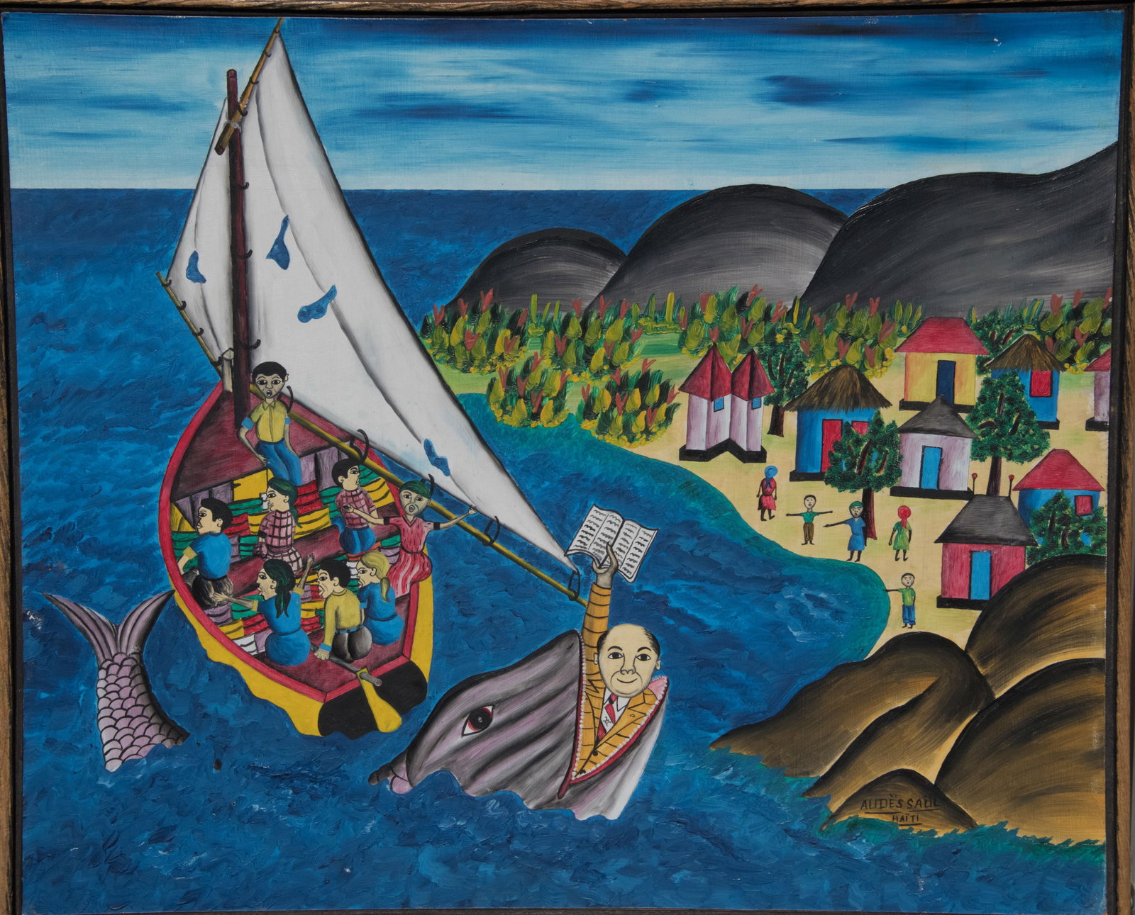 Jonah in the Whale - Haitian Painting by Audes Saul: Jonah in the Whale - Haitian Painting by Audes Saul Framed, Oil on Canvas FRAMED GMS FAVORITE