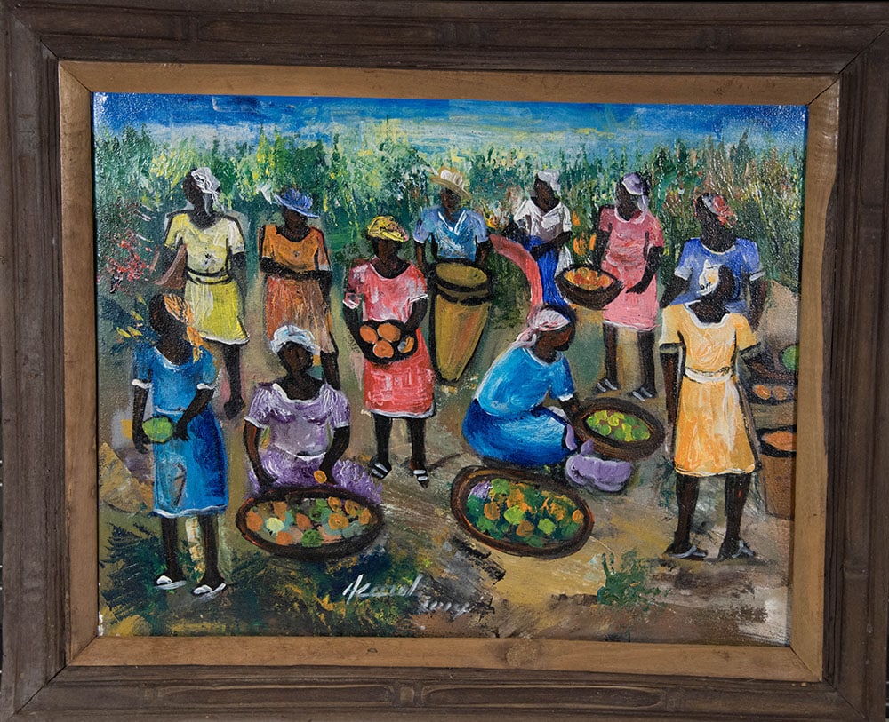 Gathering Fruits and Vegetables at the Market Original Haitian Painting by Karole Andre: Gathering Fruits and Vegetables at the Market Original Haitian Painting by Karole Andre Oil on Canvas Stretched not Framed