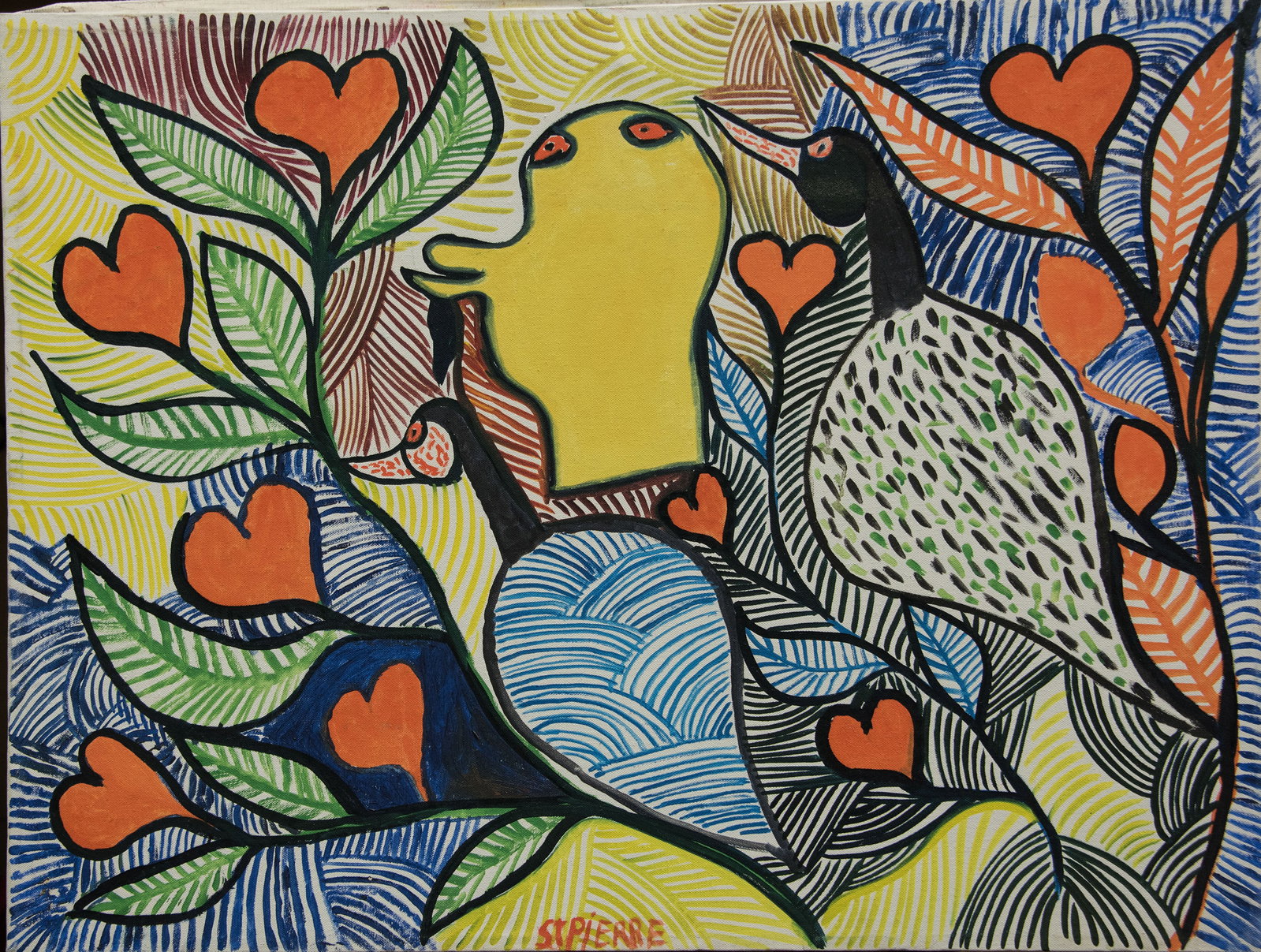 Two Yellow Birds and a Yellow Head Original Haitian Painting by St.Pierre Toussaint (1 of 1)