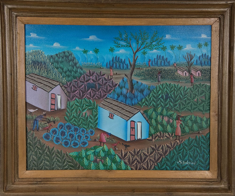 Houses Among the Crops Original Haitian Painting by Dolcine: Houses Among the Crops Original Haitian Painting by Dolcine Oil on Canvas Framed