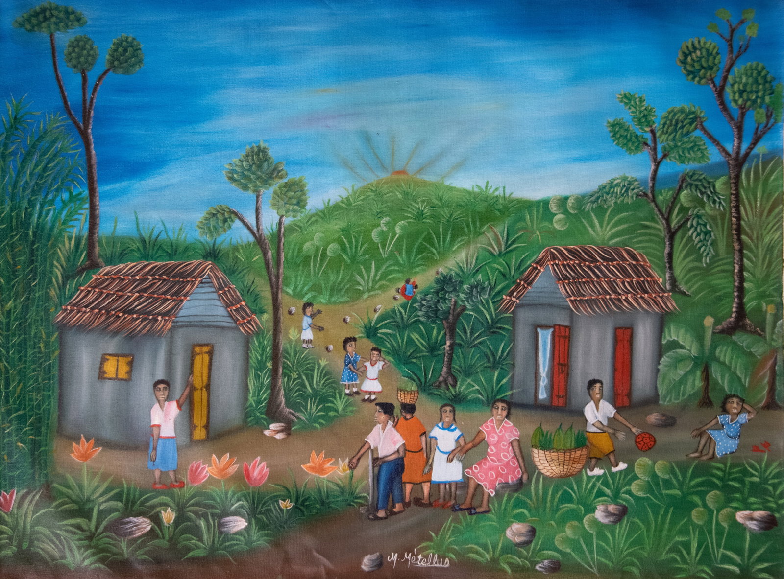 Orignial Haitian Painting by Madeleine Metellus Village: Orignial Haitian Painting by Madeleine Metellus Village Acrylic on Canvas No Frame Not Stretched