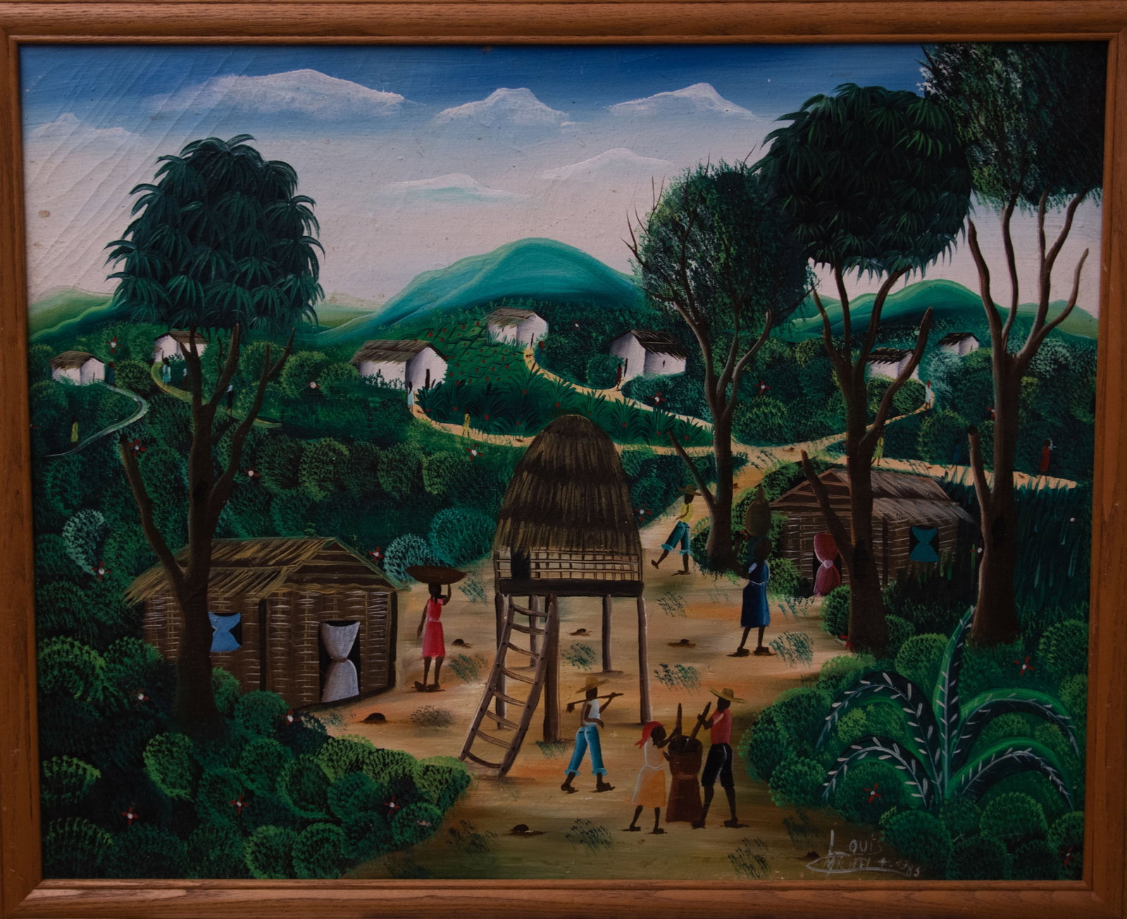 Workers in Haitian Village at Base of Mountains Original Haitian Painting by Louis Michel (1 of 1)