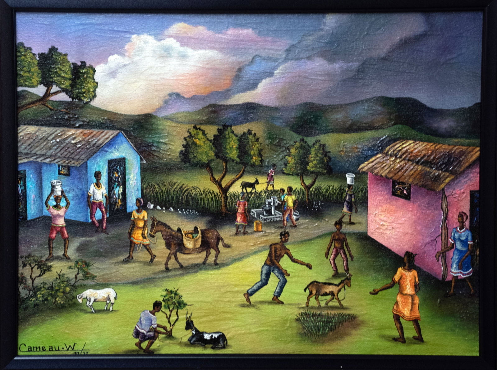 Village Under Colorful Sky Original Haitian Painting by Widson Cameau (1 of 1)