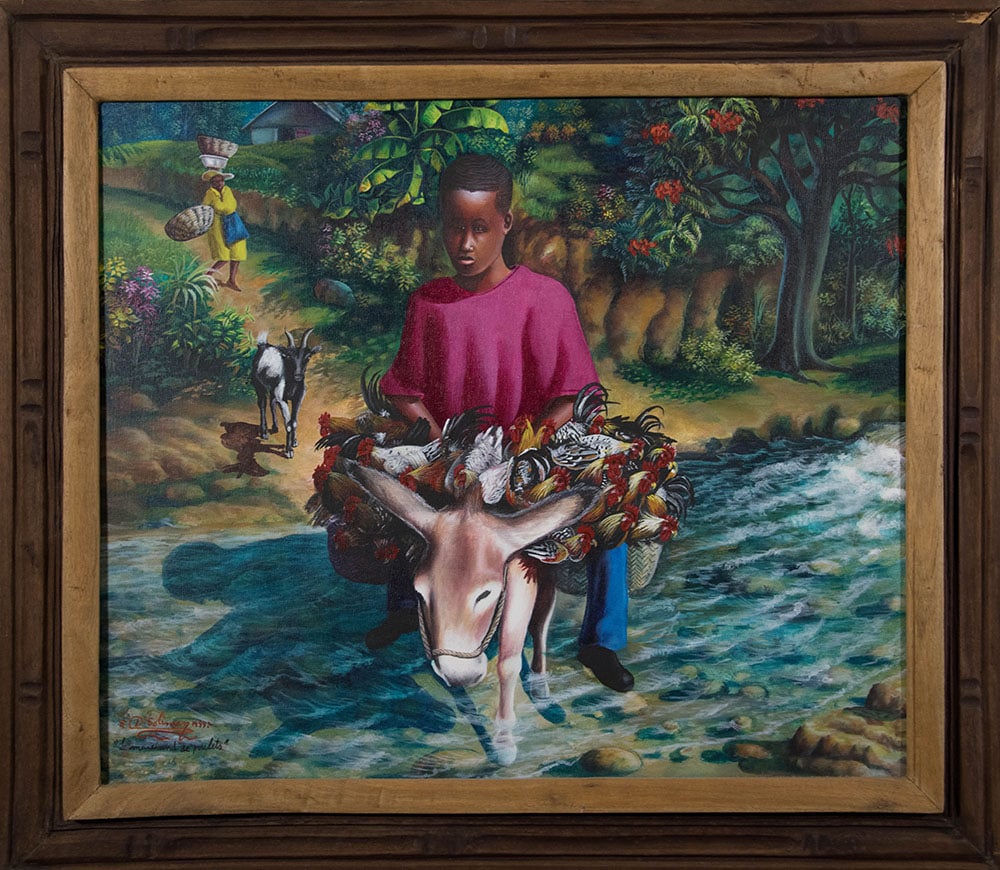 Boy Riding Donkey Original Haitian Painting by Soliman Delva: Boy Riding Donkey Original Haitian Painting by Soliman Delva Oil on Canvas Framed