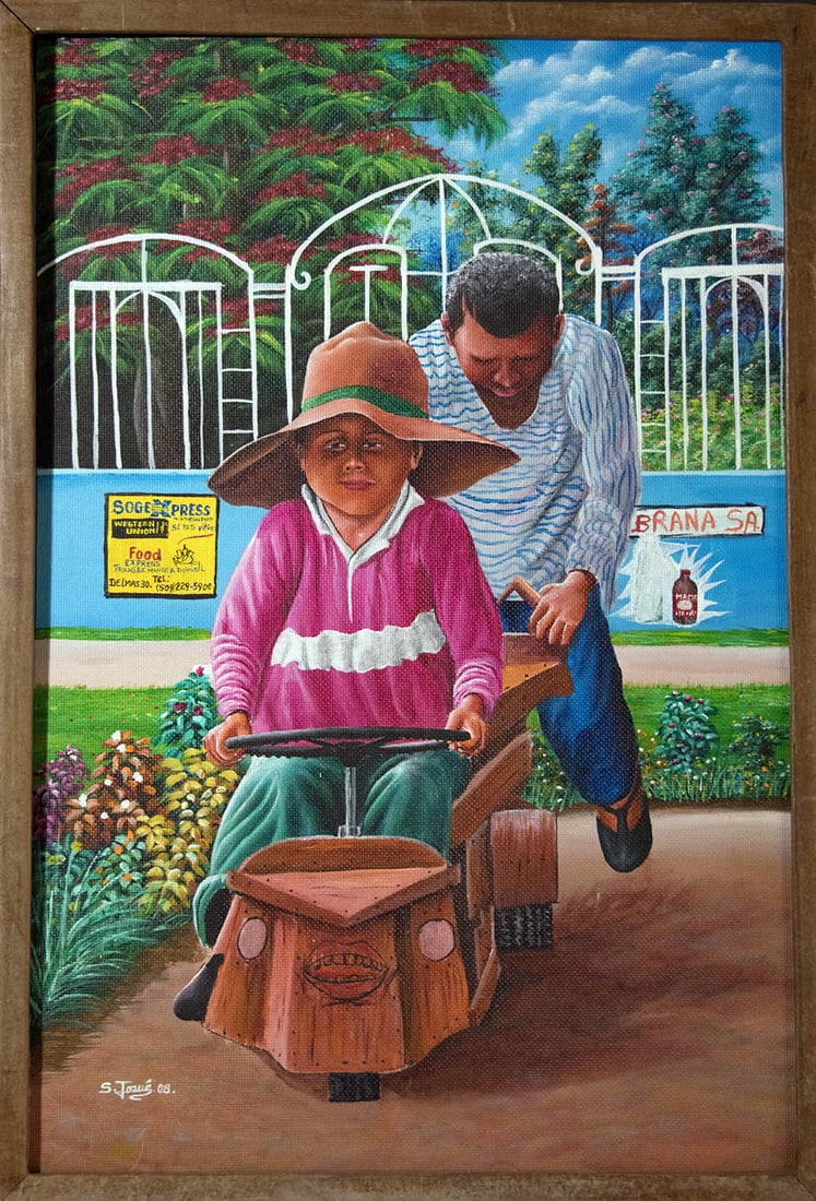 Man Pushing Child on Toy Original Haitian Painting by Josue Saintyl (1 of 1)