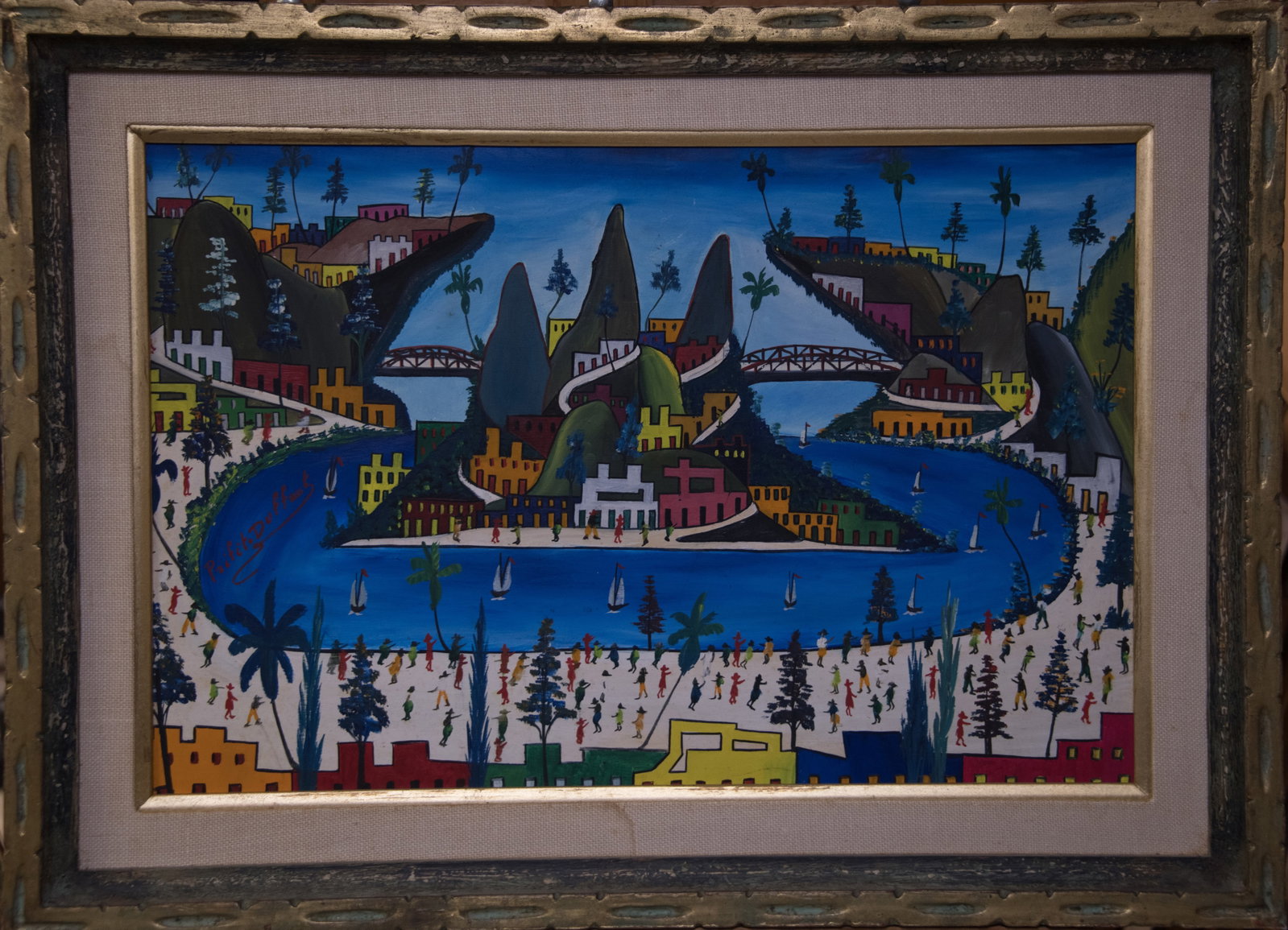 Island of Mountains Original Haitian Painting by Prefete Duffaut: Island of Mountains Original Haitian Painting by Prefete Duffaut Oil on Masonite FRAMED GMS FAVORITE