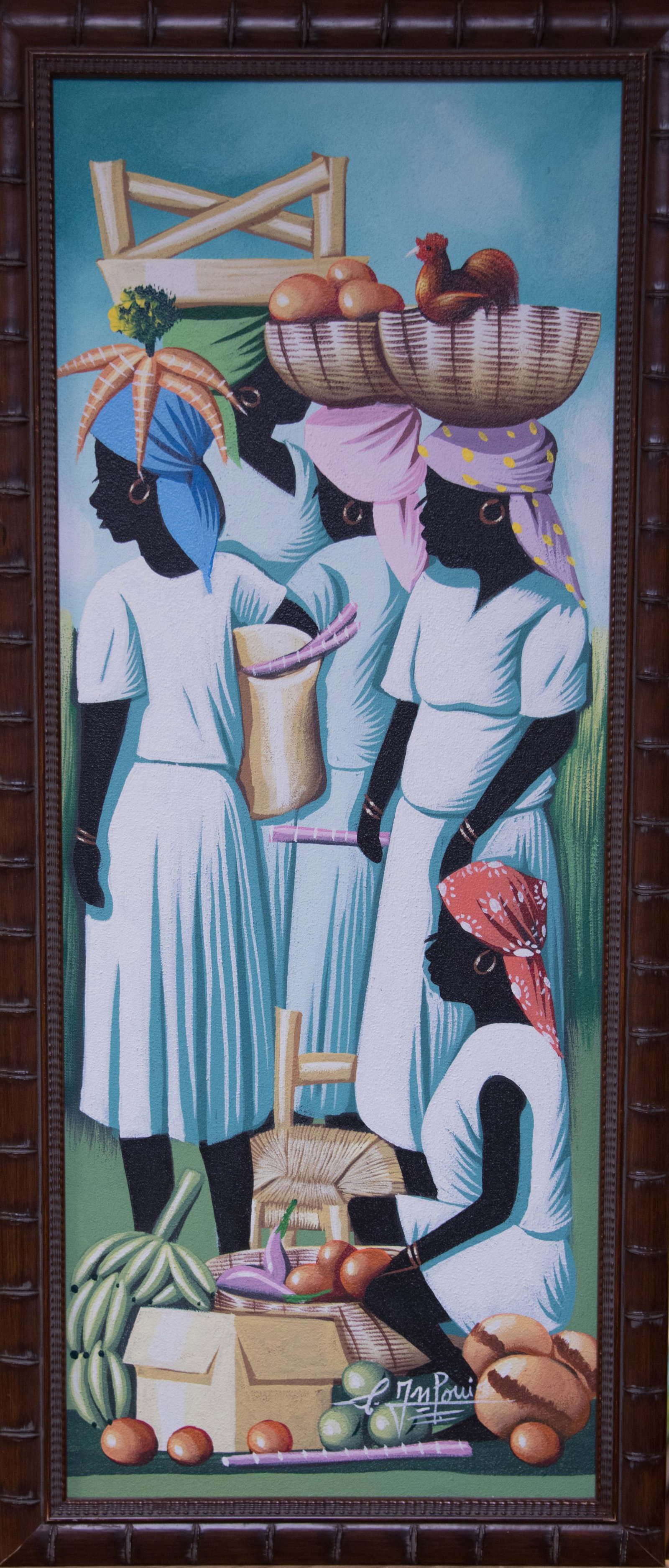 Original Haitian Painting by Jn.Louis Women at Village Market 1 Brown Rooster (1 of 1)