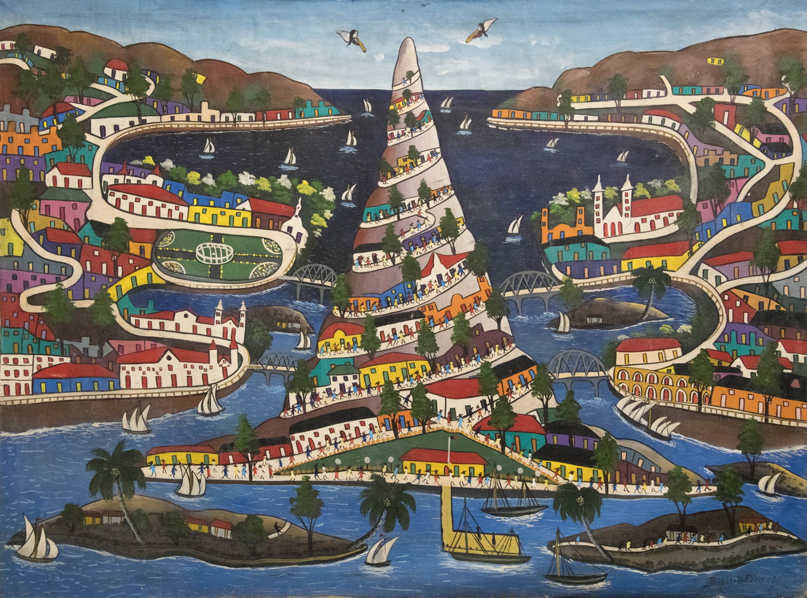 Orignial Haitian Painting by Prefete Duffaut (Mountain in the Middle): Orignial Haitian Painting by Prefete Duffaut (Mountain in the Middle) Oil on Canvas No Frame Not Stretched