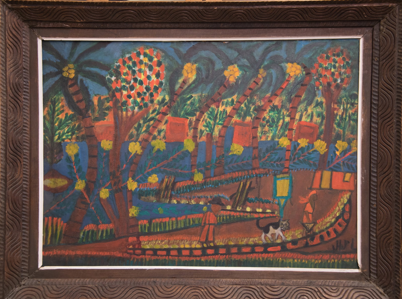 Palm Tree Man Cat Original Haitian Painting by H.J. Laurent: Palm Tree Man Cat Original Haitian Painting by H.J. Laurent Oil on Board