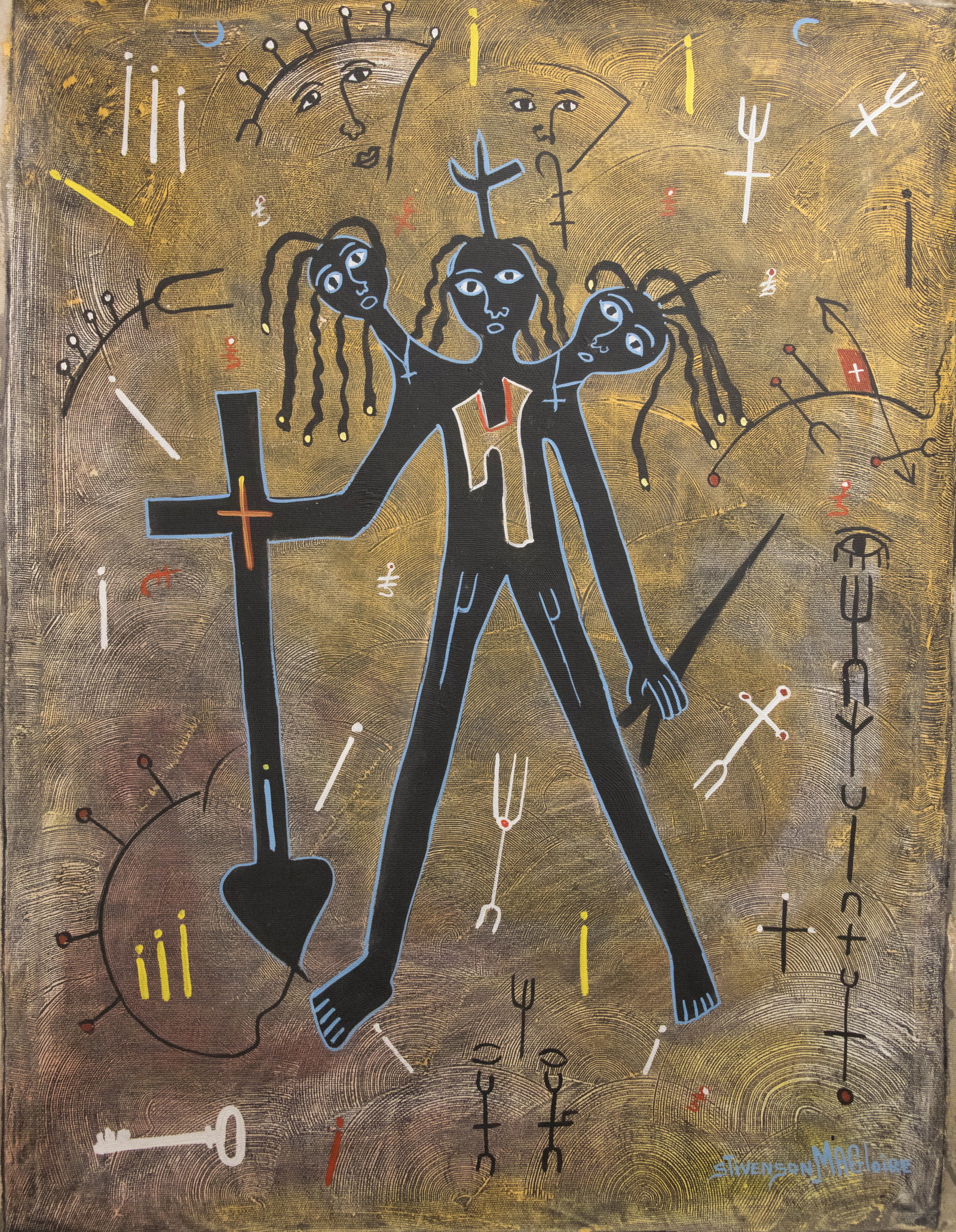 Orignial Haitian Painting by Stivenson Magloire Three Headed Voodoo Man With a Cross: Orignial Haitian Painting by Stivenson Magloire Three Headed Voodoo Man With a Cross Oil on Canvas No Frame Not Stretched