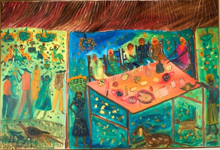 Original Haitian Painting by Gerard Fortune Dinner at Baby Doc's Beach House: Original Haitian Painting by Gerard Fortune Dinner at Baby Doc's Beach House Oil on Canvas