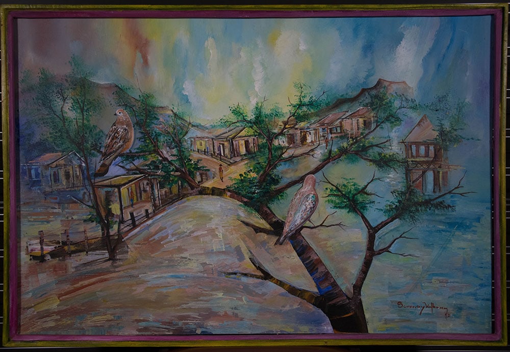 Birds Watching Over the Village Original Haitian Painting by Schandy Valbrun: Birds Watching Over the Village Original Haitian Painting by Schandy Valbrun Oil on Canvas