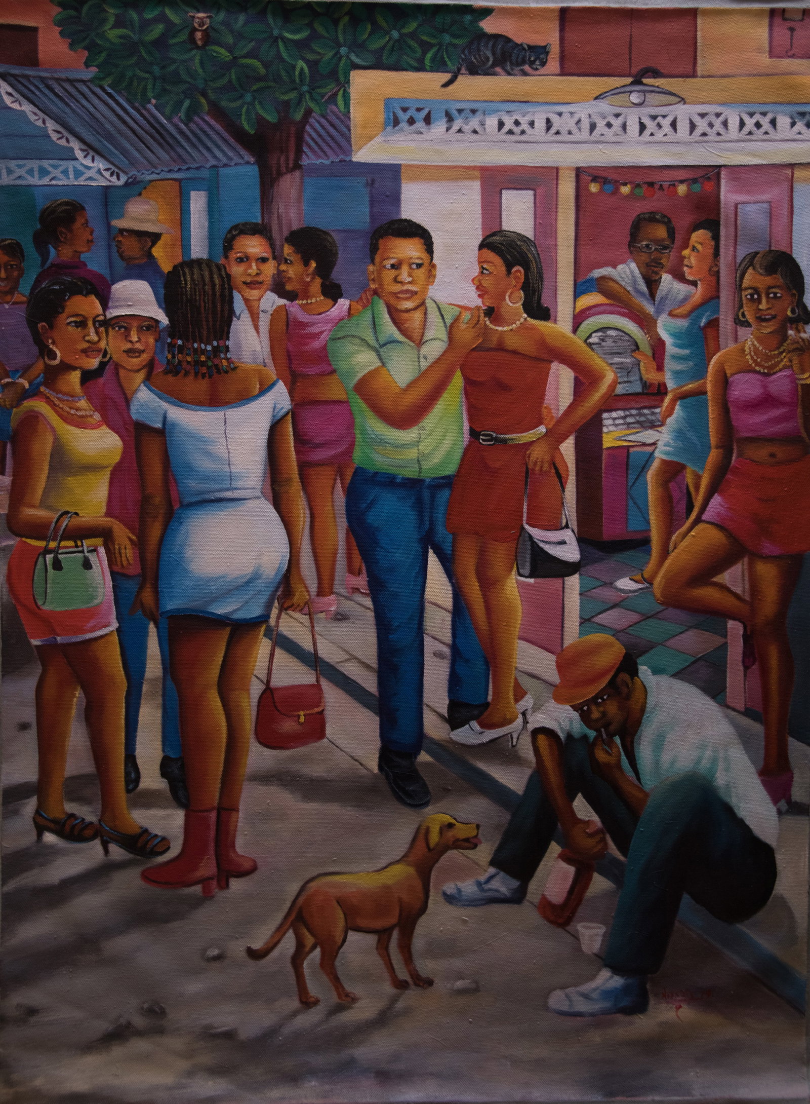 Orignial Haitian Painting by Nixon Pierre Crowd with Dog Nixon Pierre (1 of 1)