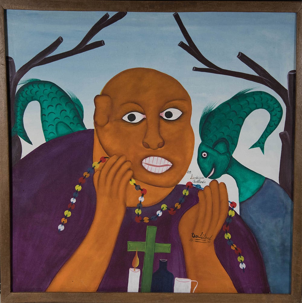 Original Haitian Painting by Francois Bellande A Bald Figure Holding a Cross (1 of 1)