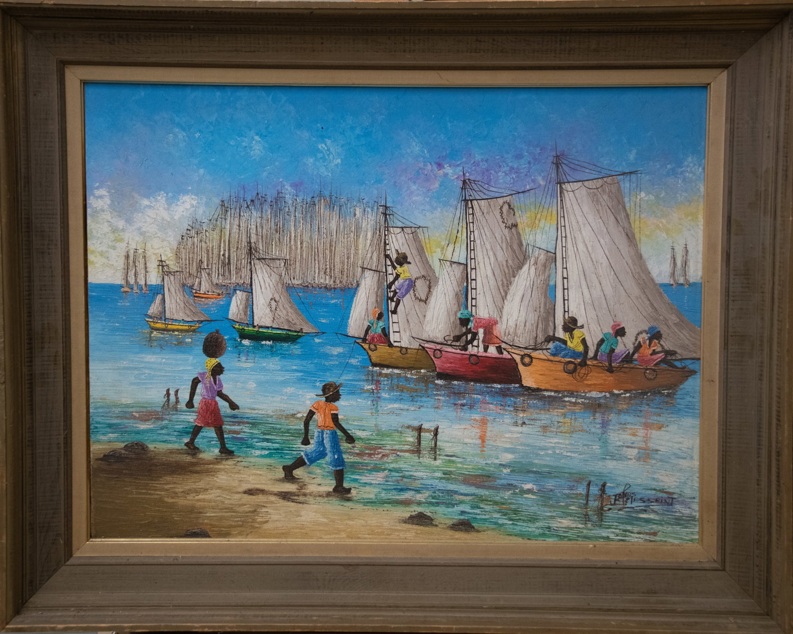 Port Scene with Figures and Sailboats Original Haitian Painting by Jonas Felassaint (1 of 1)