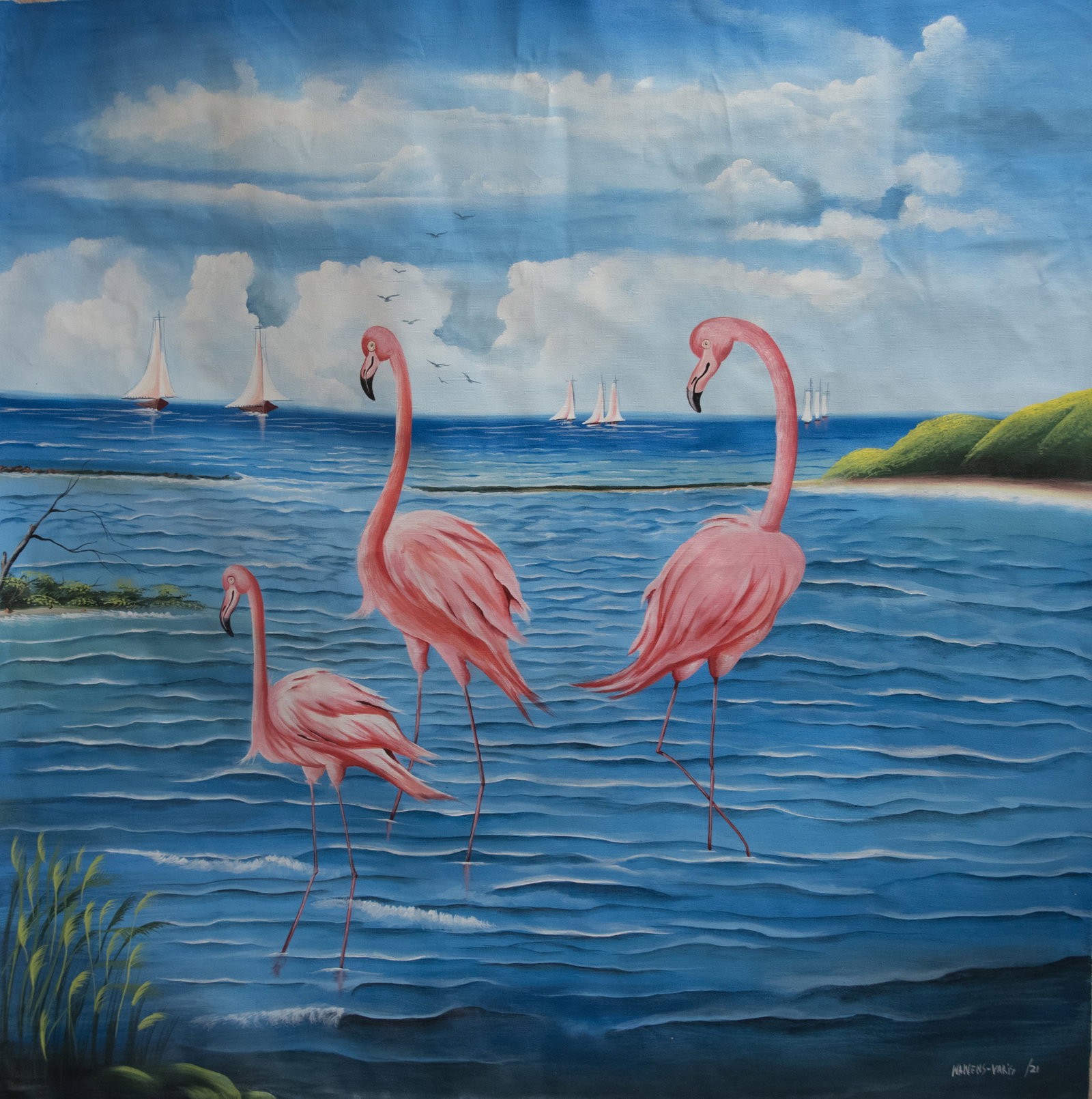 Orignial Haitian Painting by Wawens Varis Pink Flamingos: Orignial Haitian Painting by Wawens Varis Pink Flamingos Acrylic on Canvas No Frame Not Stretched