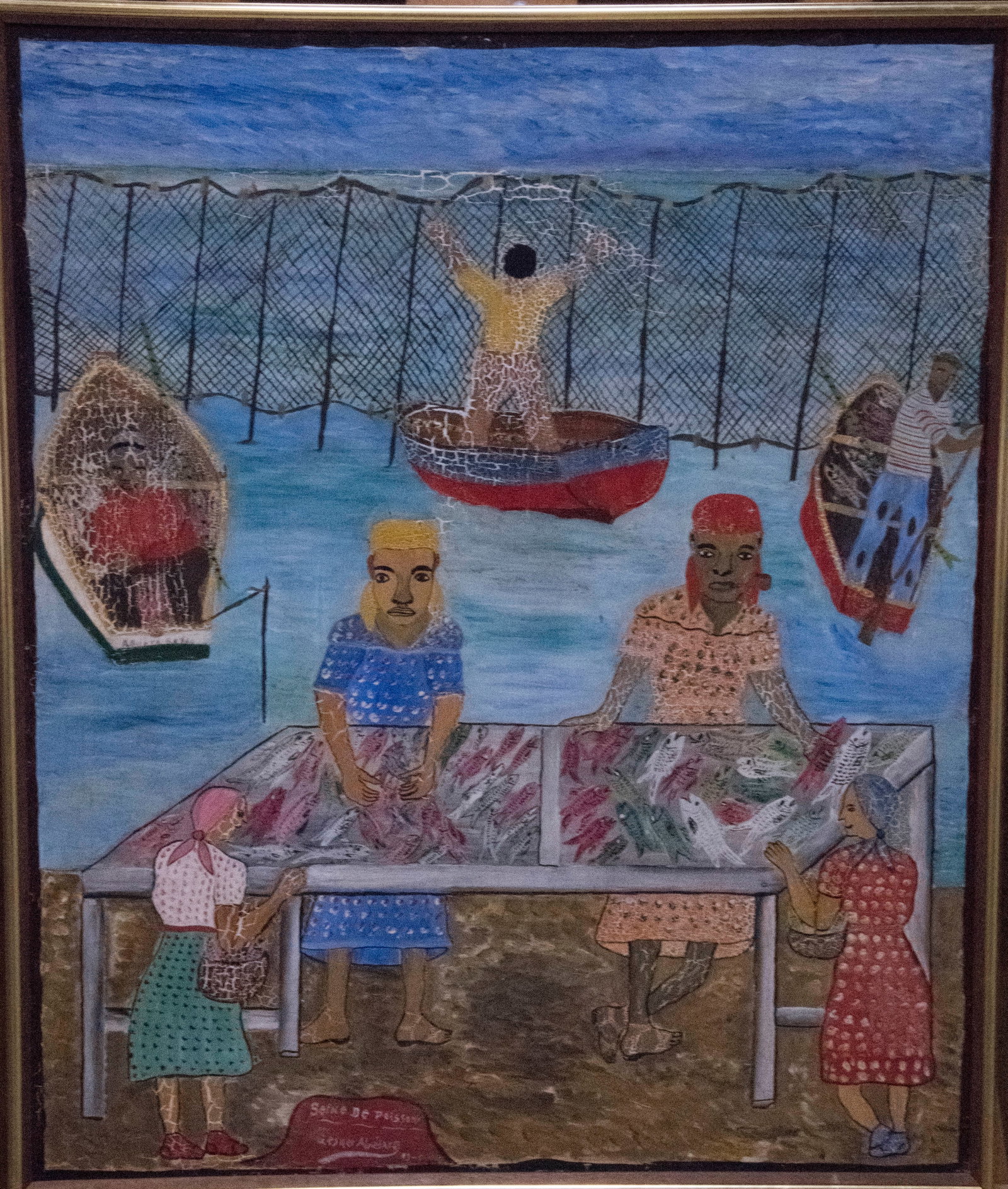 Seine de Poissons Original Haitian Painting by Gesner Abelard: Seine de Poissons Original Haitian Painting by Gesner Abelard Acrylic on Board FRAMED GMS FAVORITE