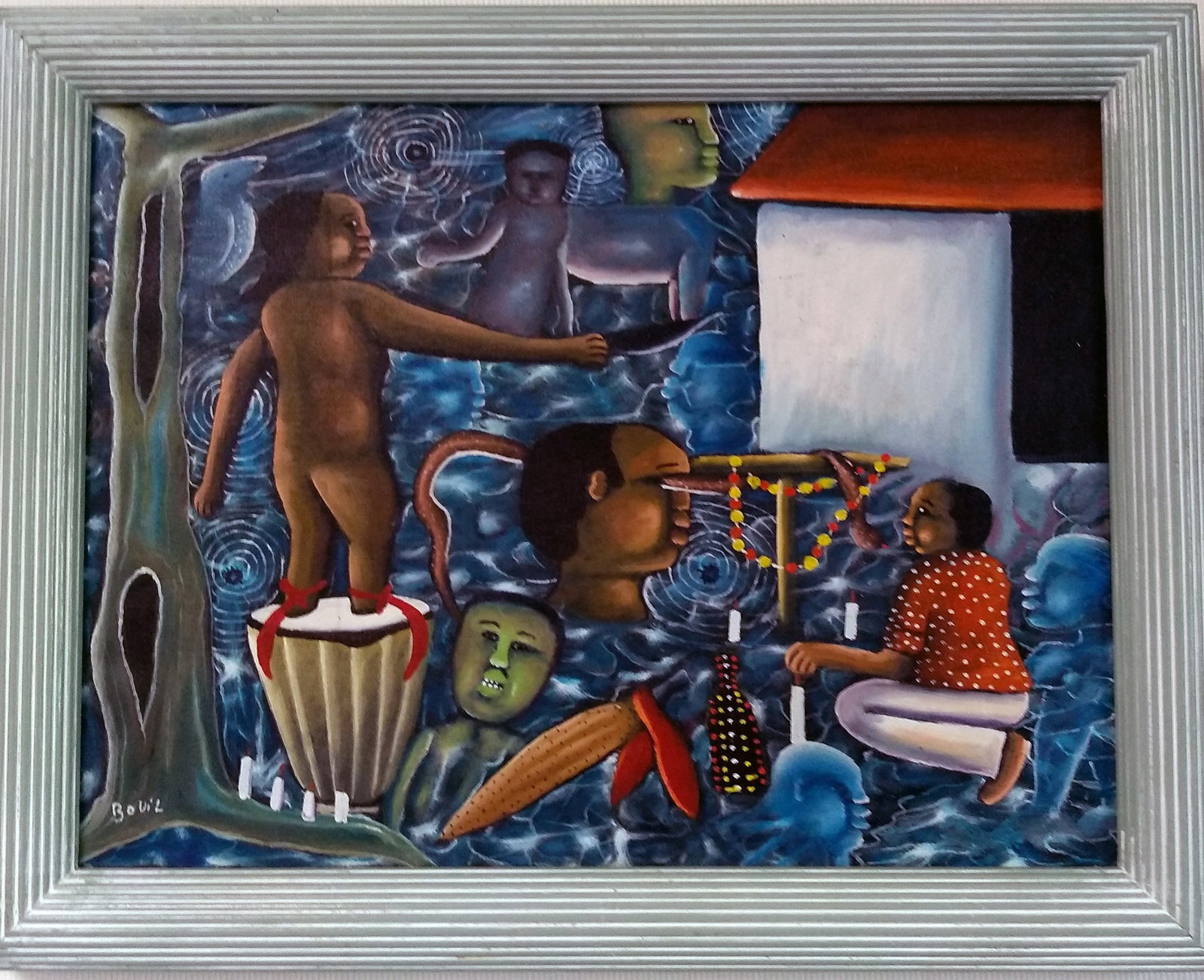 Haitian Vodou Mid-Century Original Haitian Painting by Bovil: Haitian Vodou Mid-Century Original Haitian Painting by Bovil Oil on Canvas FRAMED