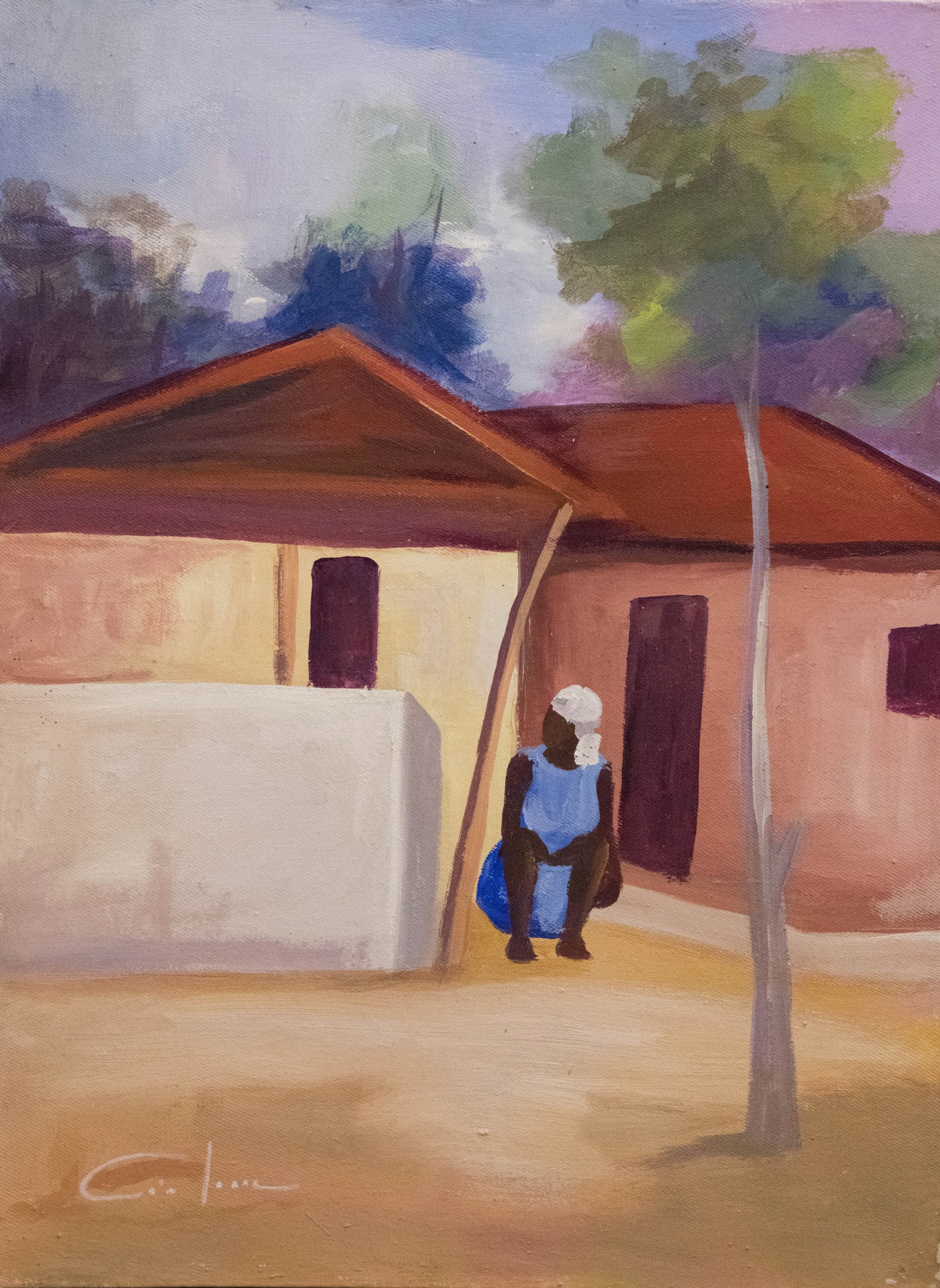Original Haitian Painting by Cedor Lady Between Two Pink Houses: Original Haitian Painting by Cedor Lady Between Two Pink Houses