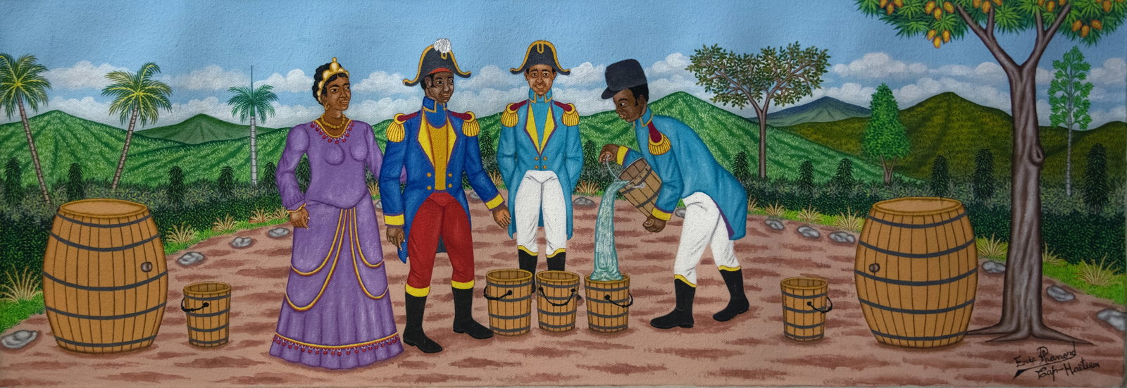 Orignial Haitian Painting by Eric Phanord Soldiers with Buckets of Water: Orignial Haitian Painting by Eric Phanord Soldiers with Buckets of Water Acrylic on Canvas No Frame Not Stretched
