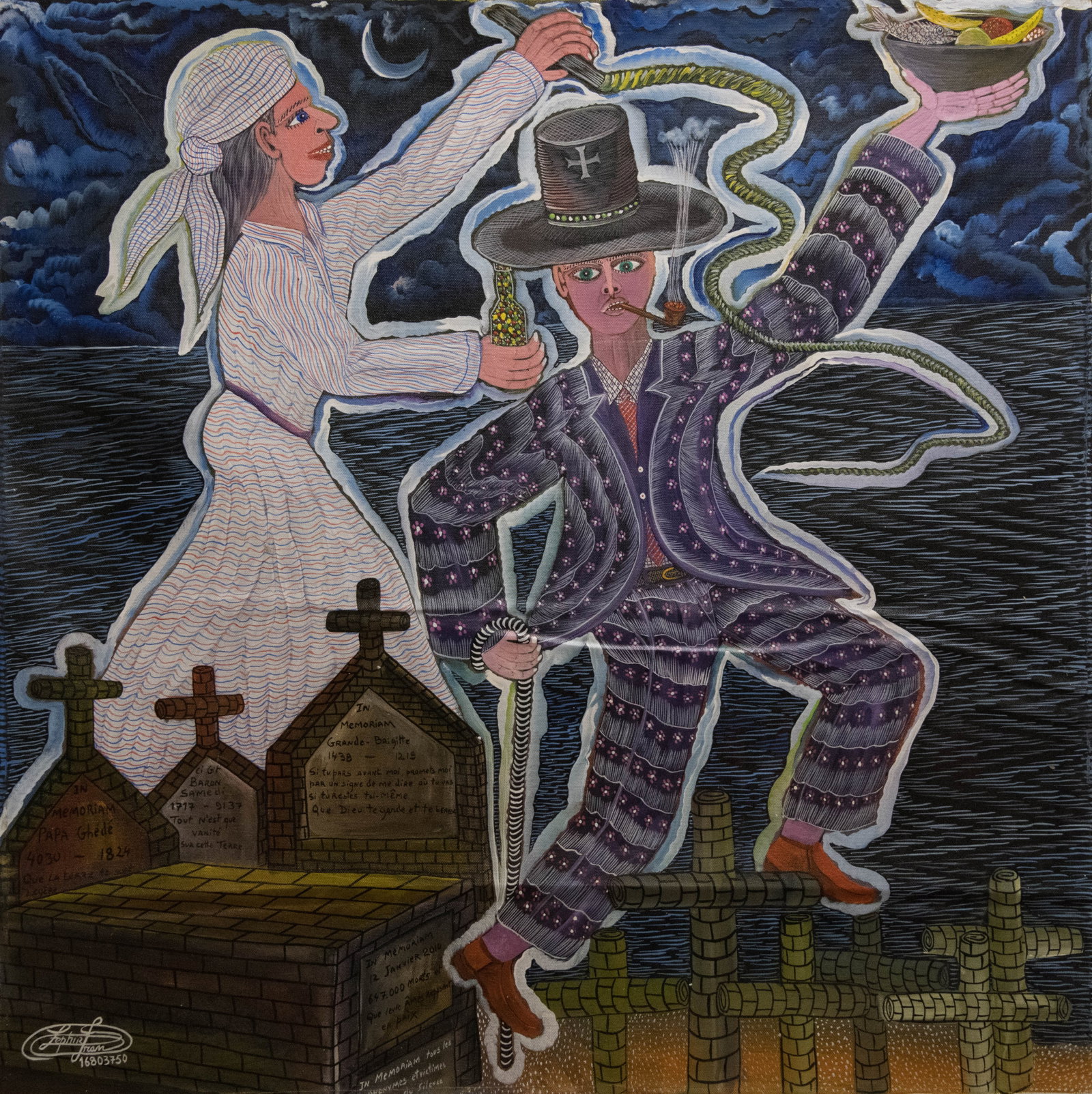Orignial Haitian Painting by Frantz Zephirin Vodu Ritual in Cemetery