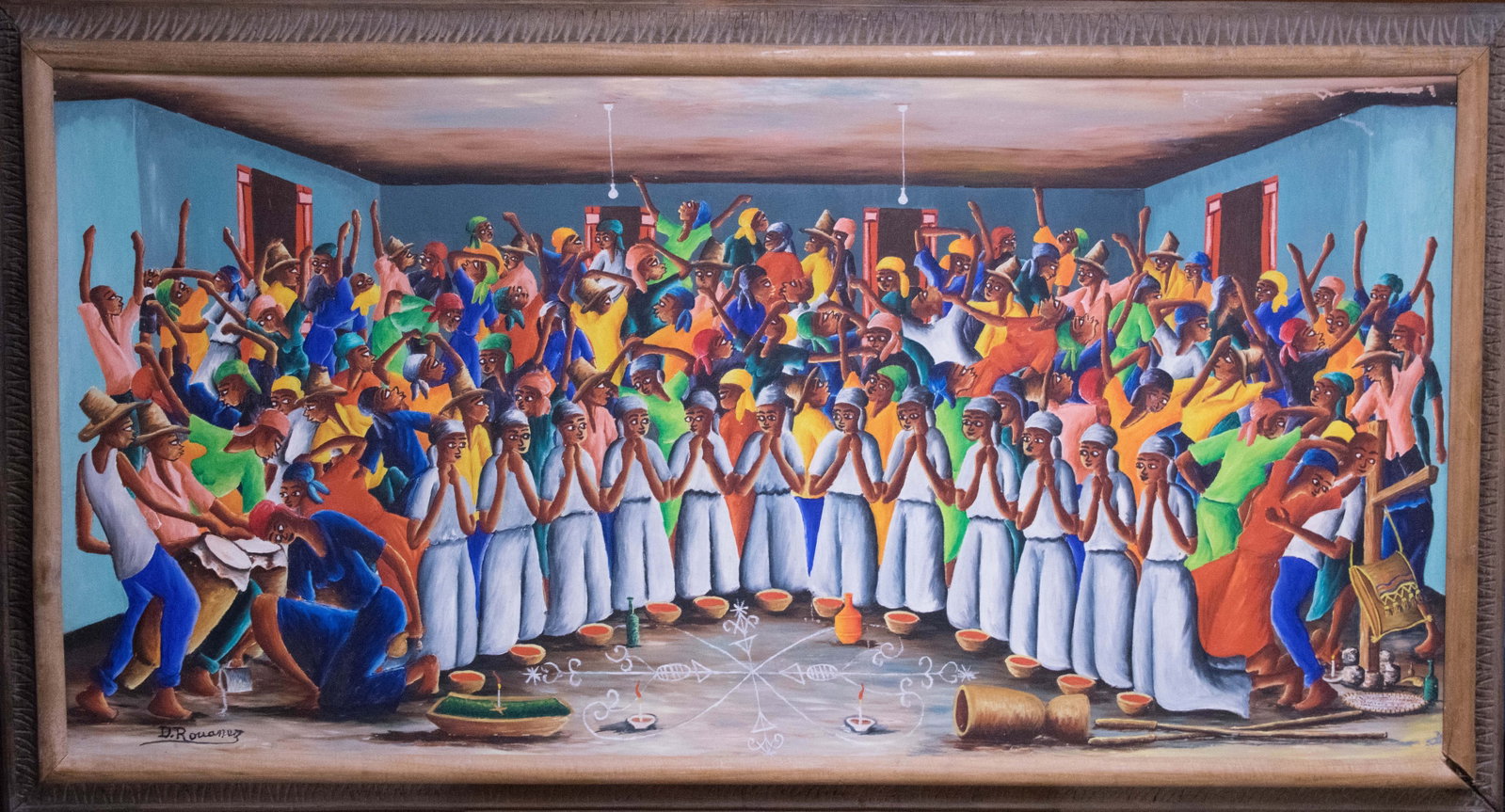 Naive Scene - Haitian Painting by Dieudonne Rouanez: Naive Scene - Haitian Painting by Dieudonne Rouanez Framed, Oil on Masonite FRAMED GMS FAVORITE