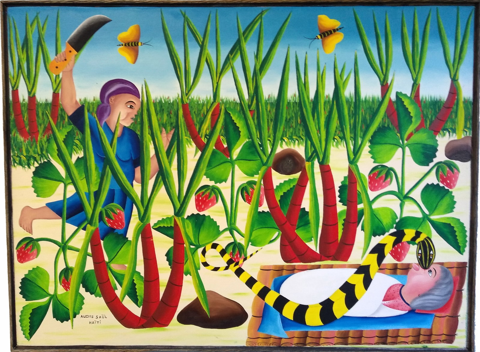 Original Haitian Painting by Audes Saul Woman Protecting Her Child from Snake: Original Haitian Painting by Audes Saul Woman Protecting Her Child from Snake oil on canvas