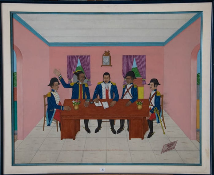 Dessalines and Boisrond-Tonnerre Writing the Act of Independence - Haitian Painting by Philome Obin: Dessalines and Boisrond-Tonnerre Writing the Act of Independence - Haitian Painting by Philome Obin Framed, Oil on Hardboard FRAMED GMS FAVORITE