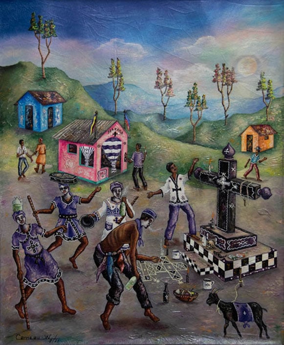Voodoo Ceremony (Shirtless Man) Original Haitian Painting by Widson Cameau: Voodoo Ceremony (Shirtless Man) Original Haitian Painting by Widson Cameau Acrylic on Canvas Not Stretched Not Framed
