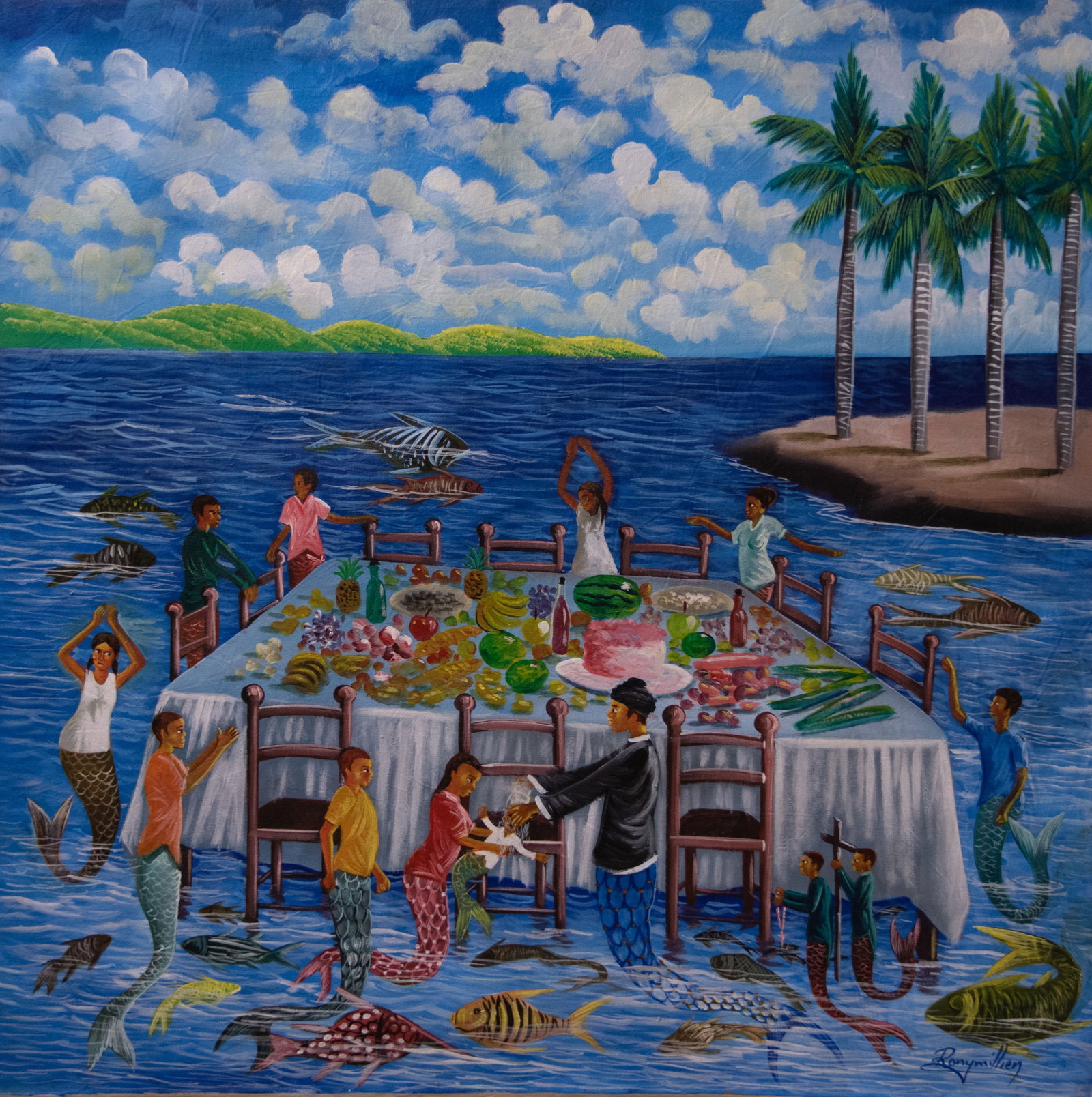 Orignial Haitian Painting by Rony Millien Mermaid Baptisim (1 of 1)