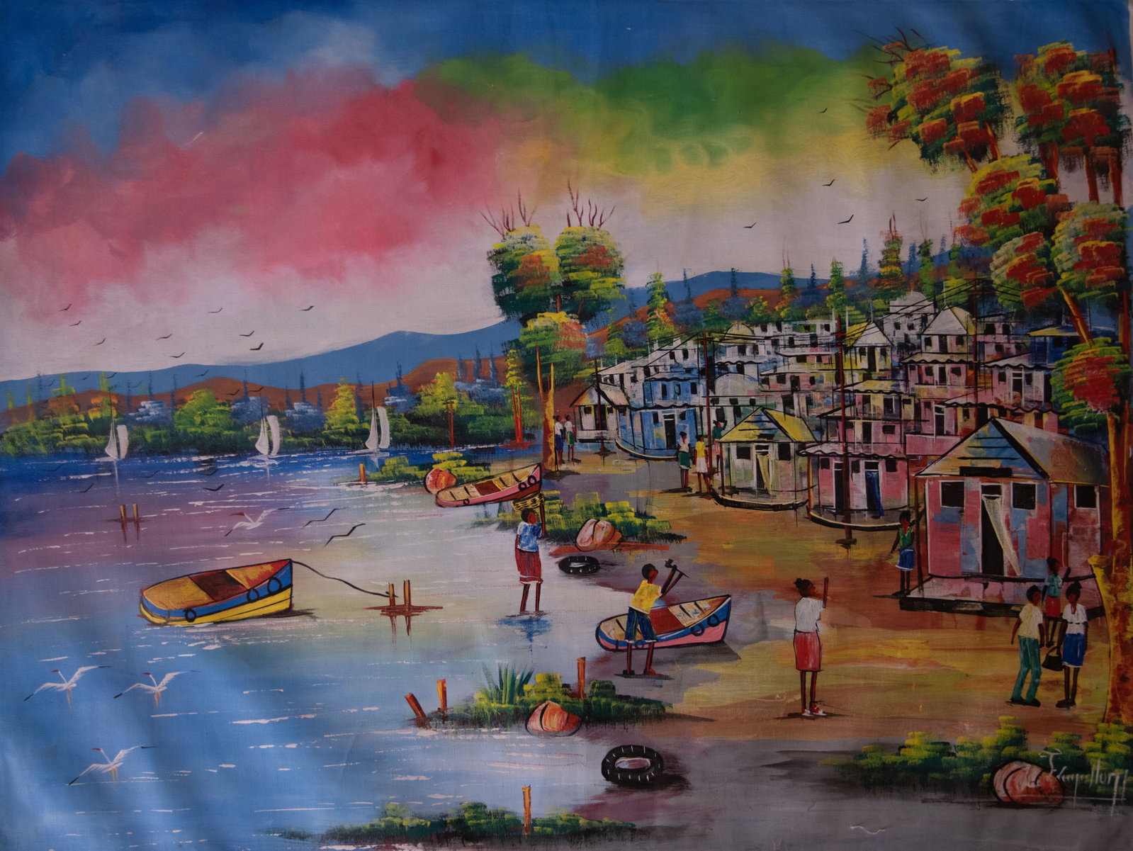 Orignial Haitian Painting by Rigaud Francillon Village Near Seashore (1 of 1)