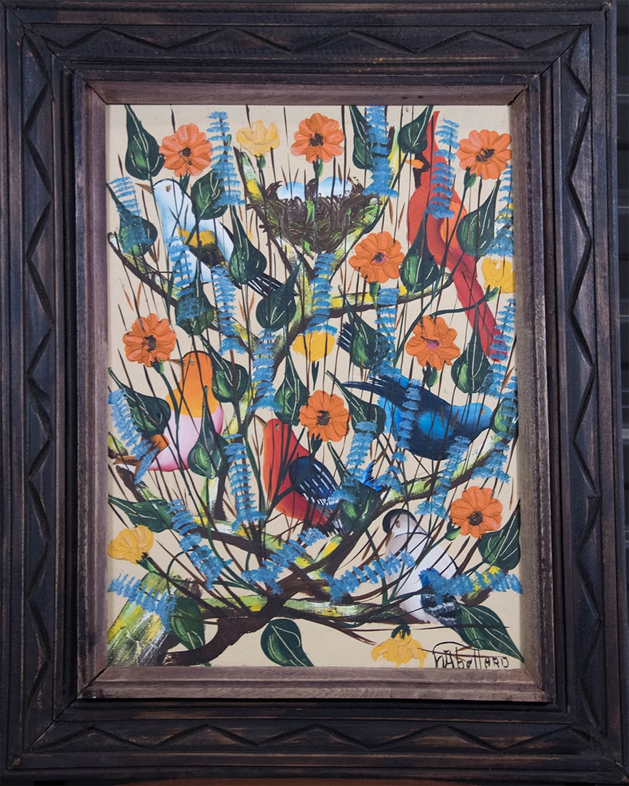 Original Haitian Painting by W. Abellard Birds with Orange and Yellow Flowers on a Tree: Original Haitian Painting by W. Abellard Birds with Orange and Yellow Flowers on a Tree Oil on Masonite