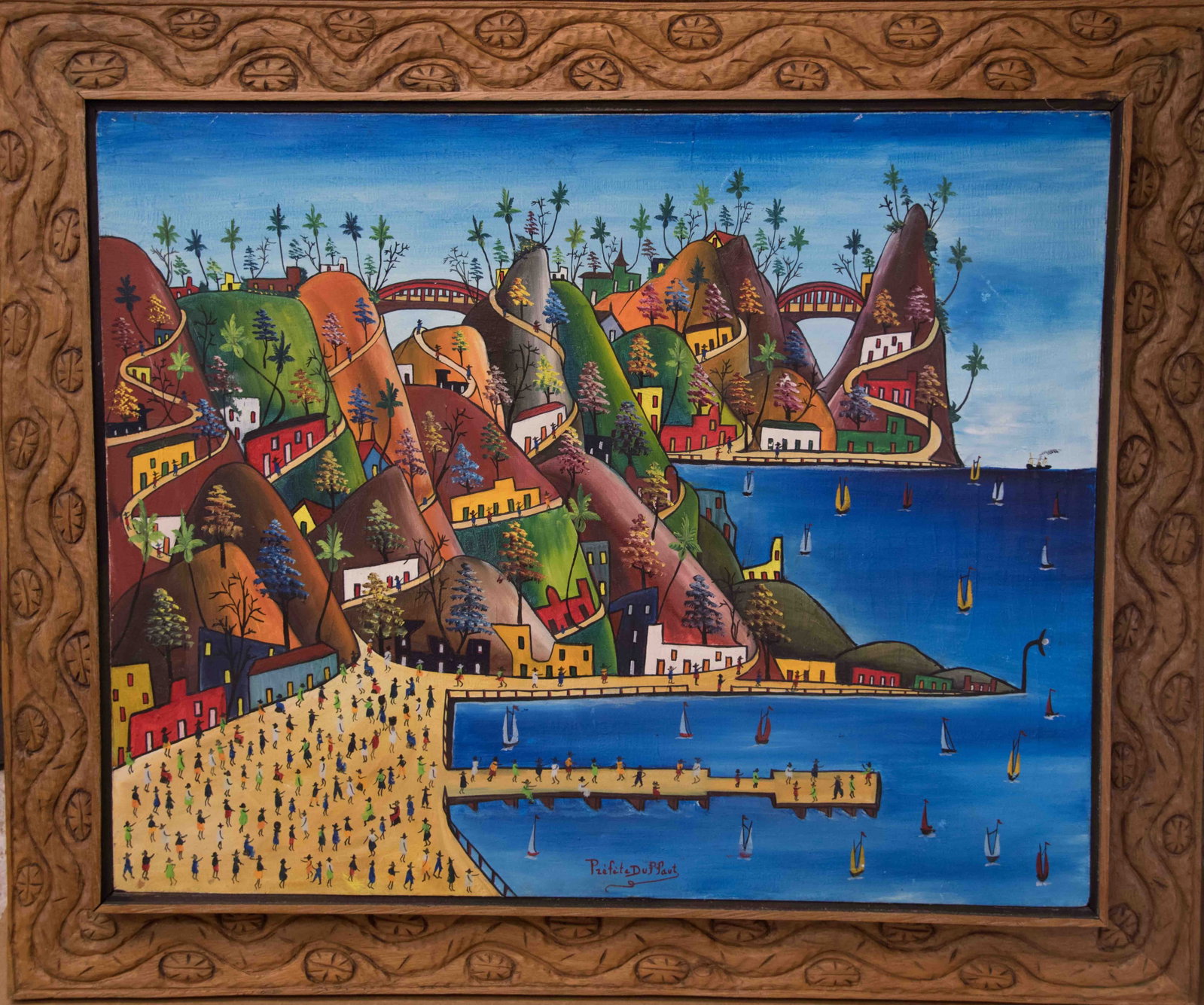 City by the Oceanside Original Haitian Painting by Prefete Duffaut: City by the Oceanside Original Haitian Painting by Prefete Duffaut Oil on Canvas FRAMED GMS FAVORITE